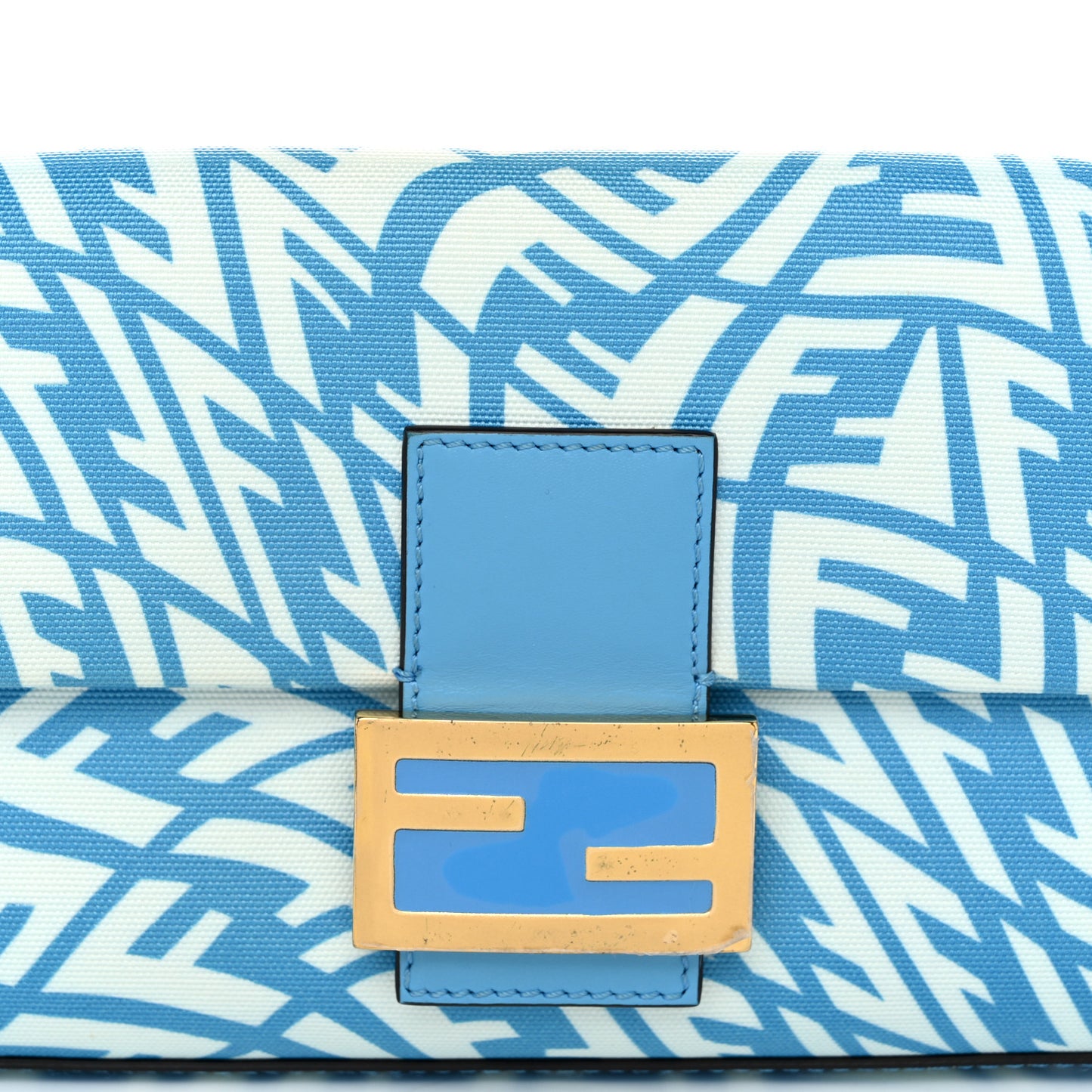 X SARAH COLEMAN Glazed Canvas Vitello King FF Vertigo Baguette 1997 Cyber Blue White