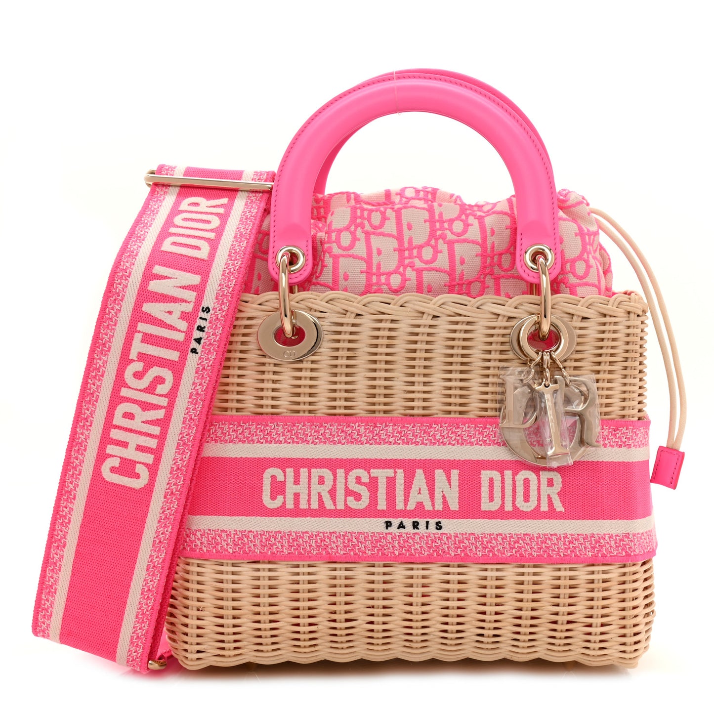 Wicker Oblique Medium Lady Dior Bag Fluorescent Pink