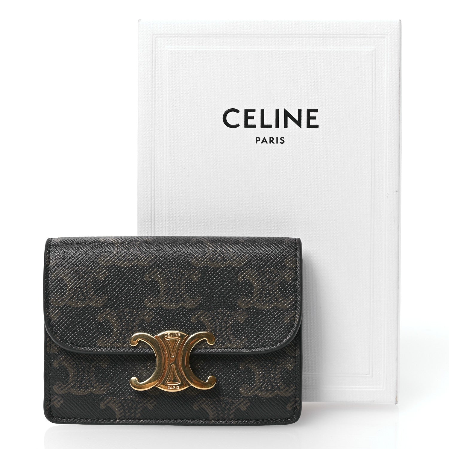 Celine Triomphe Canvas Calfskin Flap Card Holder Tan 9 of 9