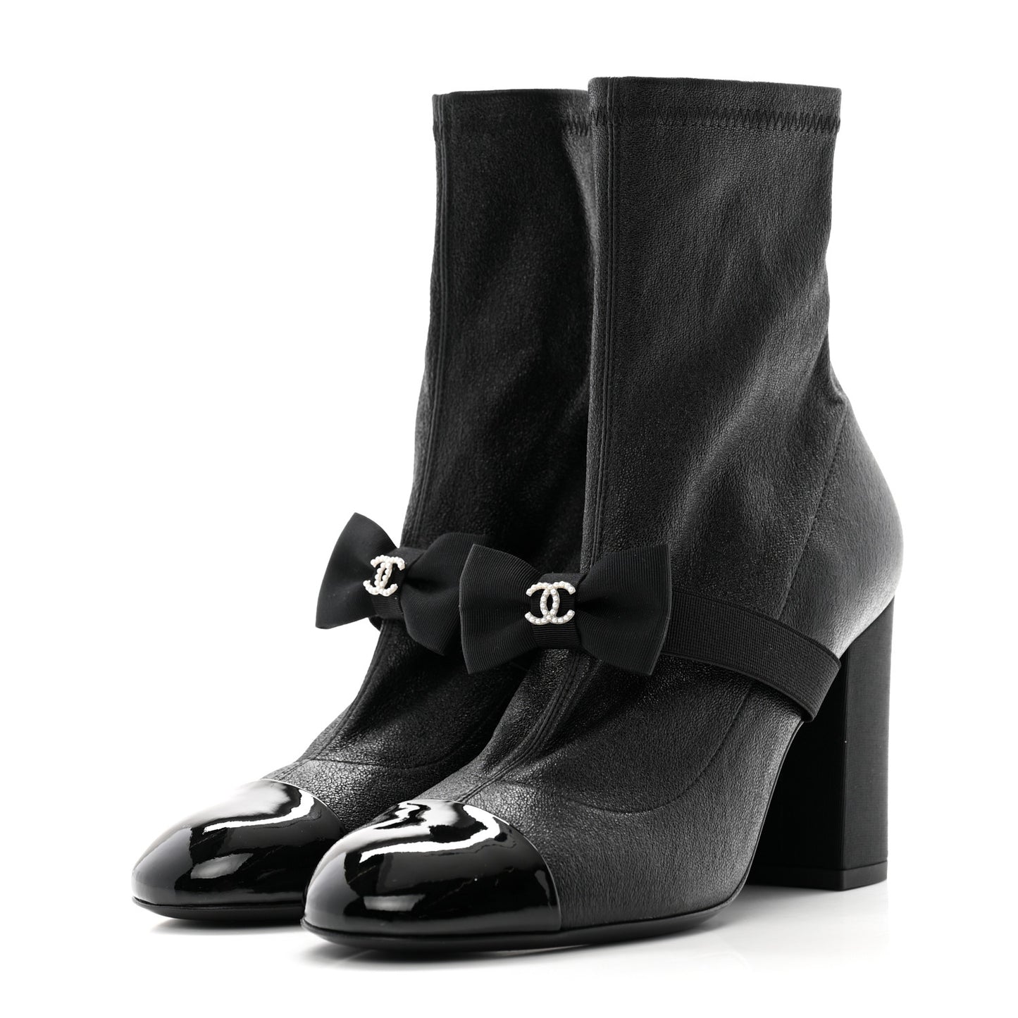 Stretch Iridescent Lambskin Patent Pearl CC Bow Cap Toe Short Boots 37 Black