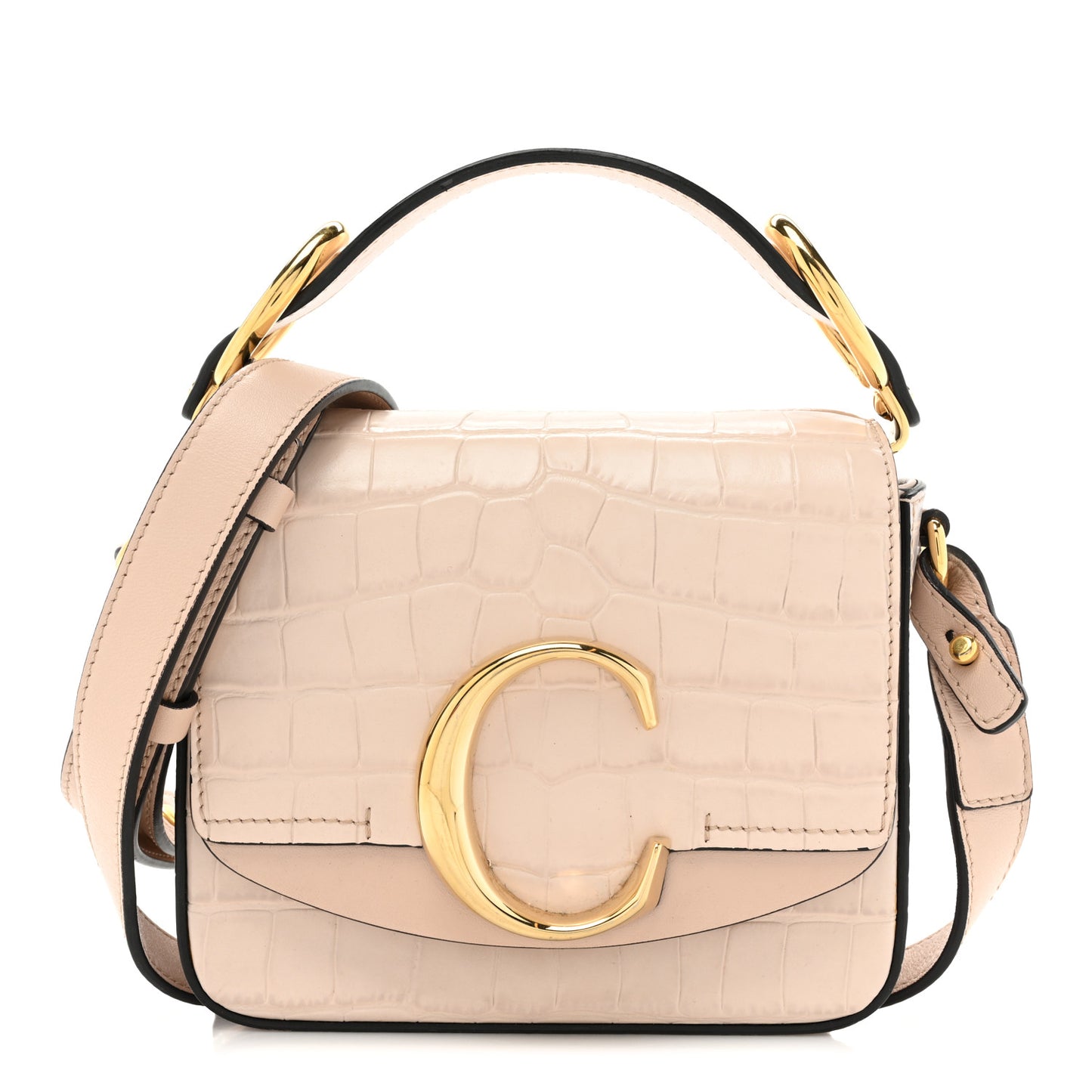 Calfskin Crocodile Embossed Mini C Double Carry Milky Cement Pink