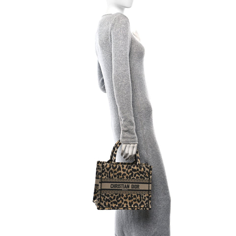 Canvas Mizza Embroidered Small Leopard Book Tote Beige
