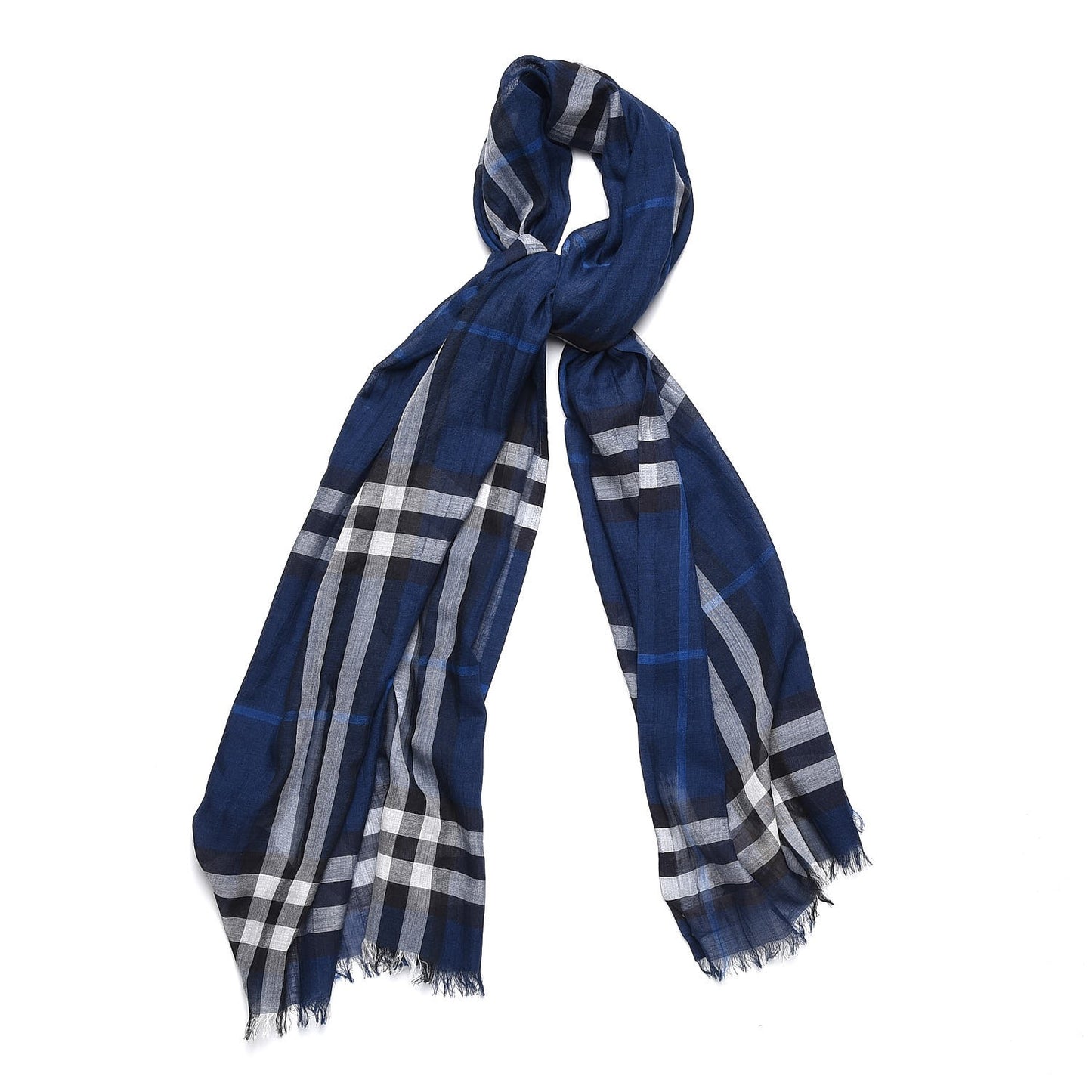 Wool Silk Giant Check Gauze Scarf Dark Canvas Blue