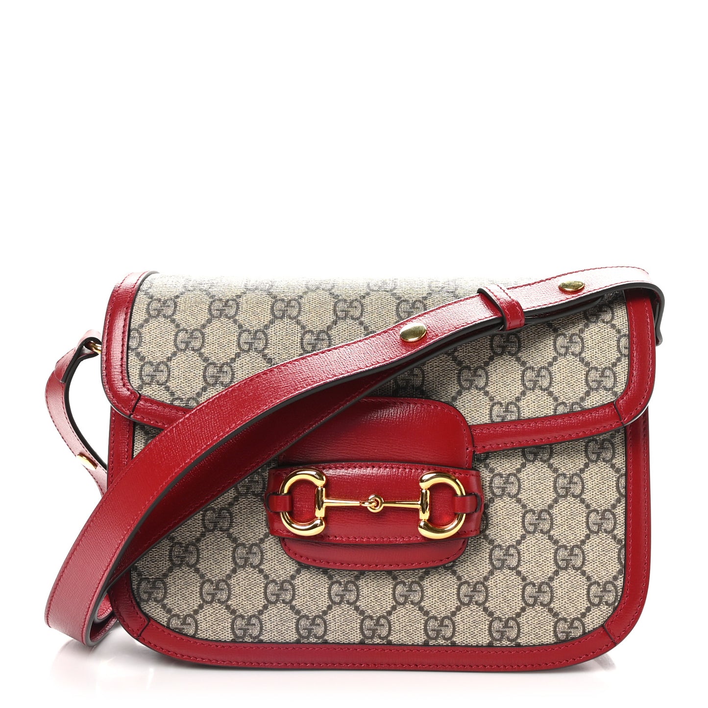 GG Supreme Monogram Azalea Calfskin Horsebit 1955 Shoulder Bag Beige Ebony New Cherry Red