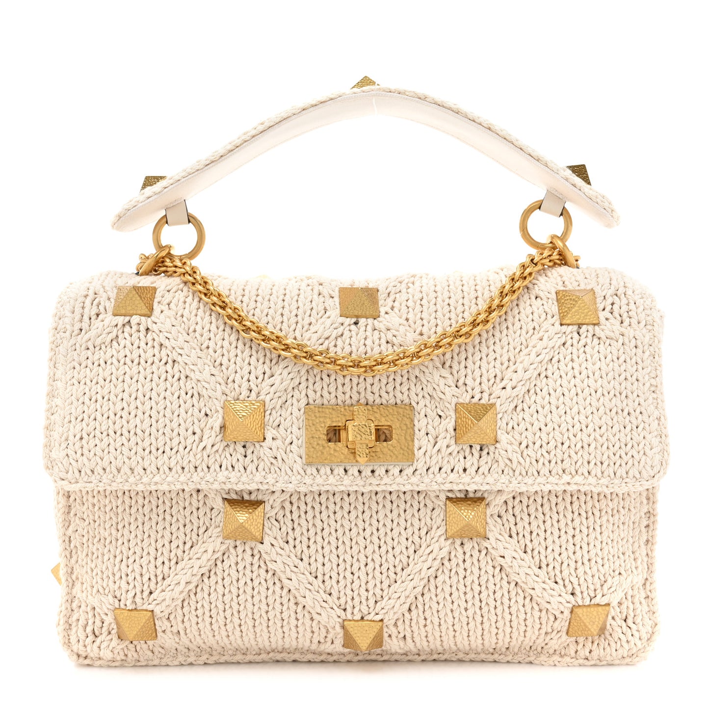 Knit Large Roman Stud Shoulder Bag Ecru