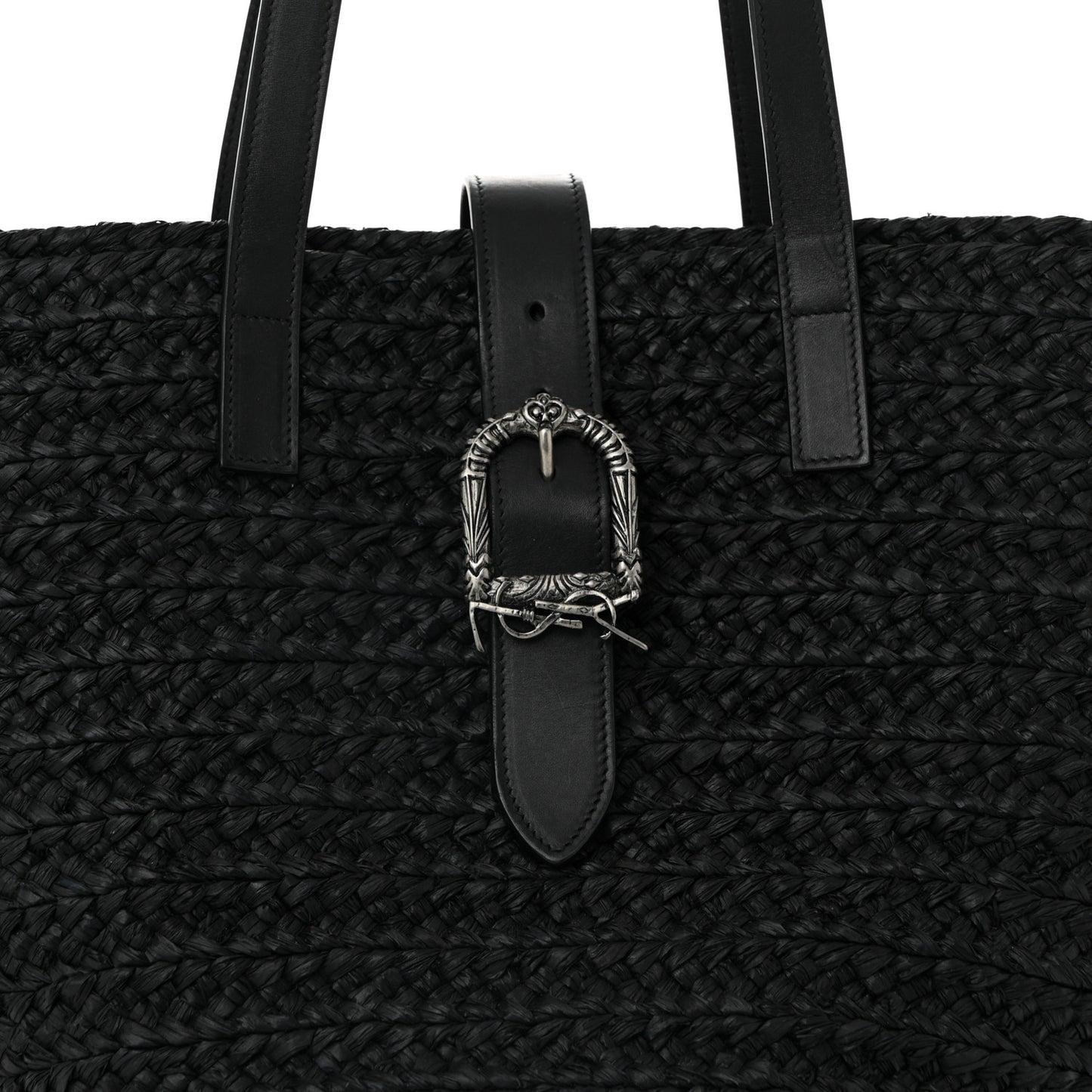 Raffia Calfskin Celtic Buckle Medium Panier Tote Black