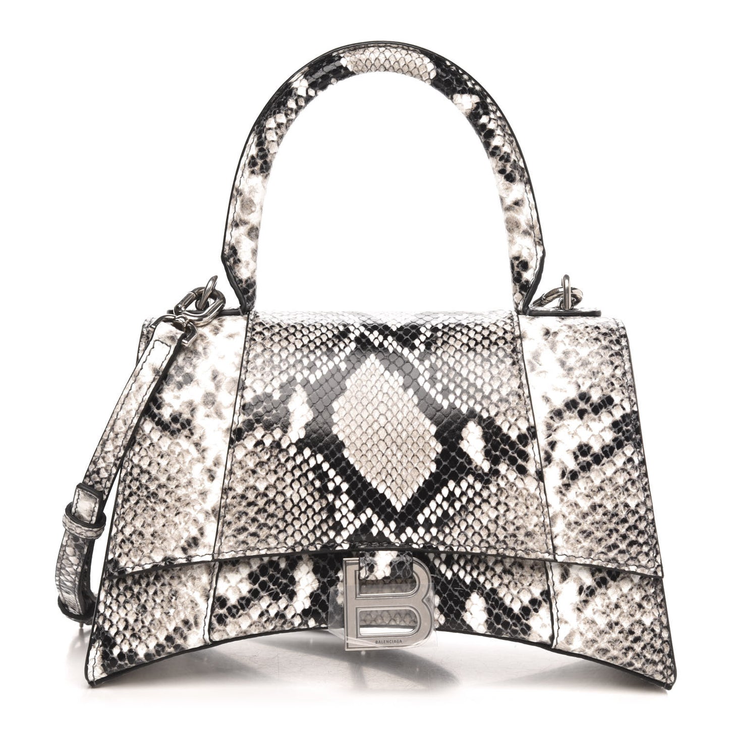 Shiny Calfskin Python Effect Small Hourglass Top Handle Bag Black White