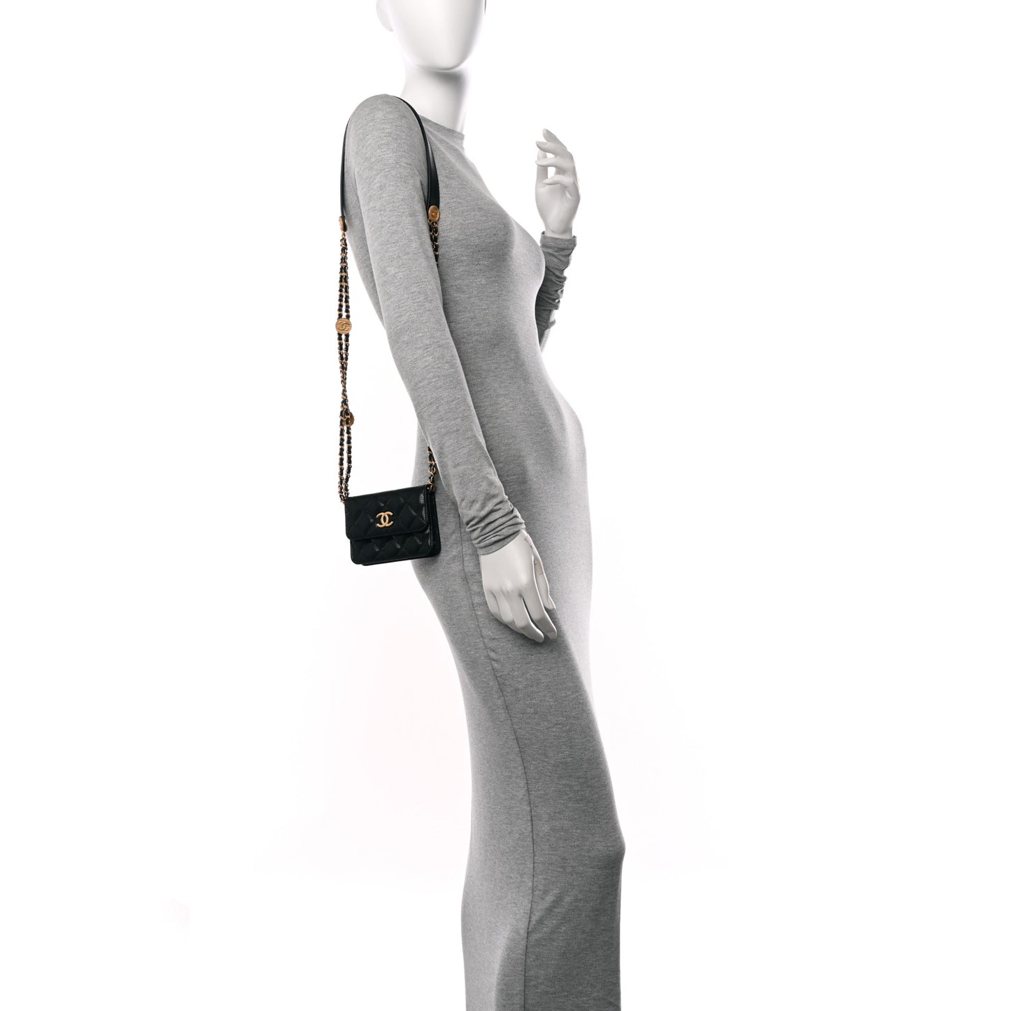 Caviar Quilted Twist Your Buttons Coin Purse With Chain Black