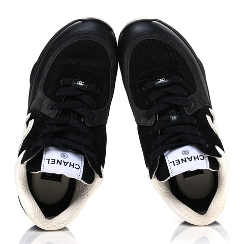 Mesh Suede Grained Calfskin Womens CC Sneakers 37.5 Black White