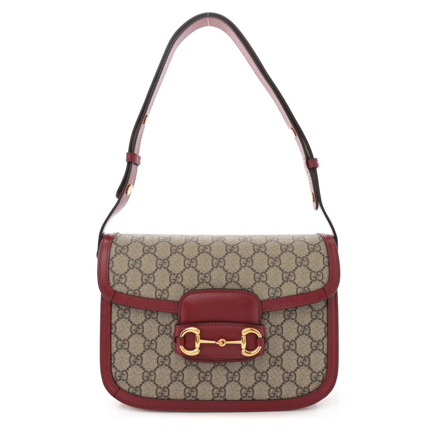GG Supreme Monogram Azalea Calfskin Horsebit 1955 Shoulder Bag Beige Ebony New Cherry Red
