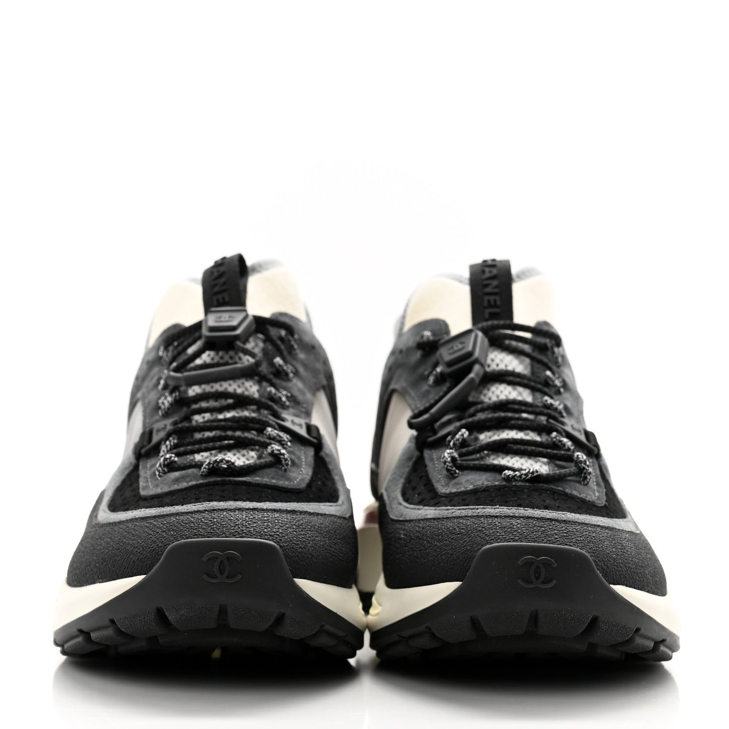 Fabric Suede Calfskin Mesh Womens CC Sneakers 38.5 Black Dark Grey White Light Grey