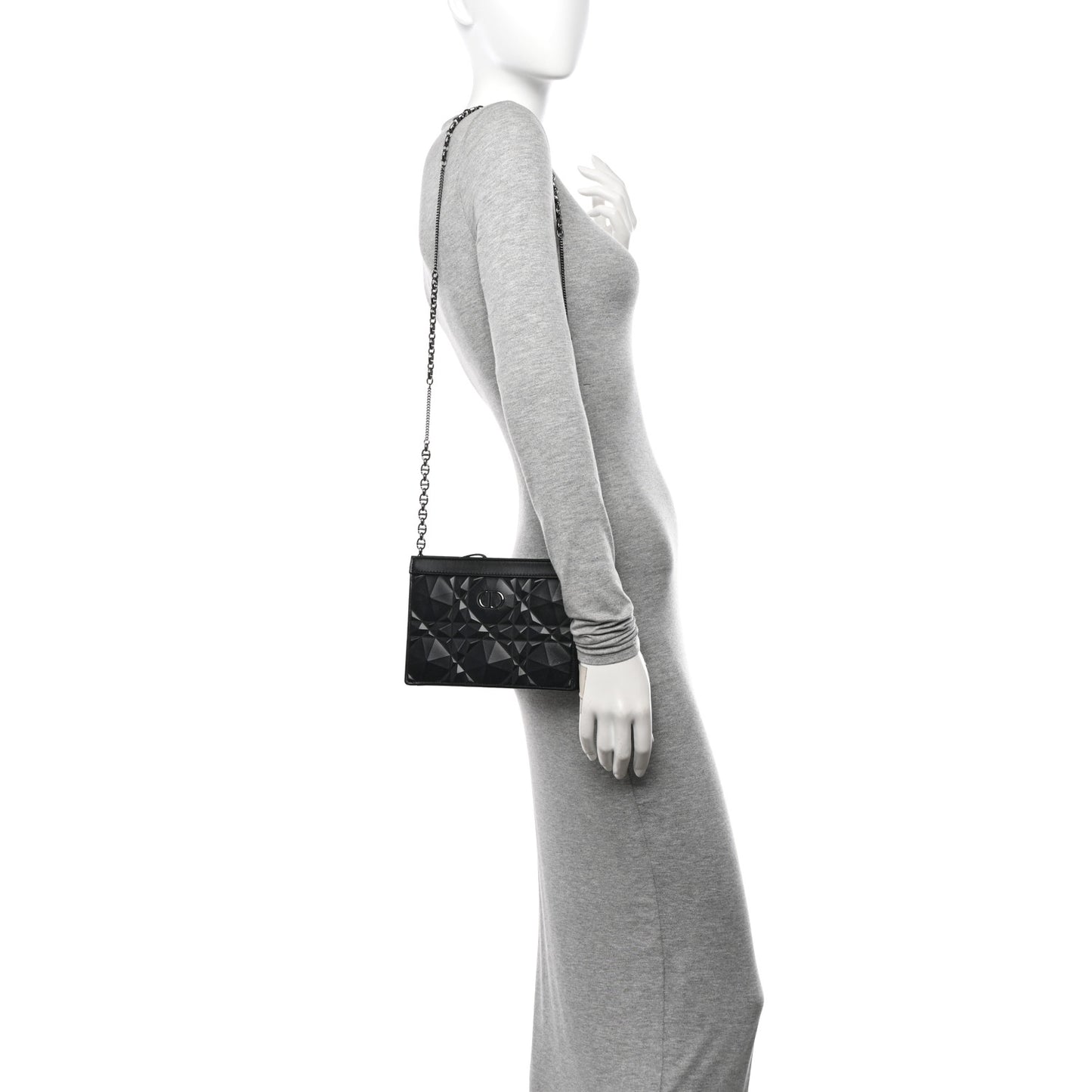 Calfskin Macrocannage Diamond Caro Zipped Pouch With Chain Black