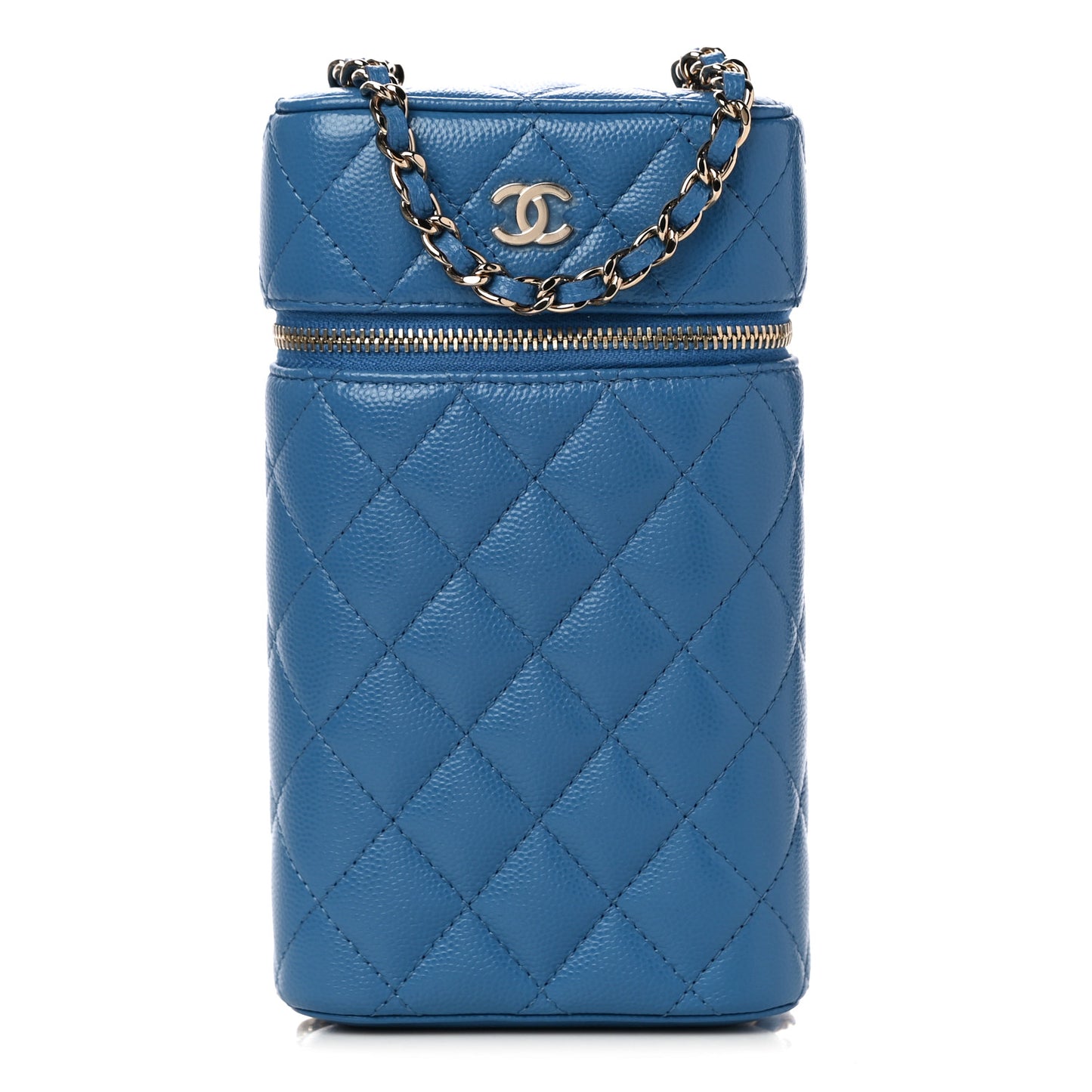 Caviar Quilted Phone Holder With Chain Blue