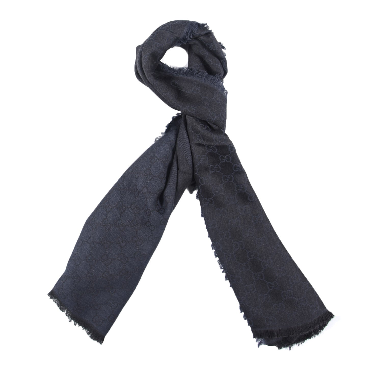 Wool Silk Monogram Fringe Shawl Dark Grey