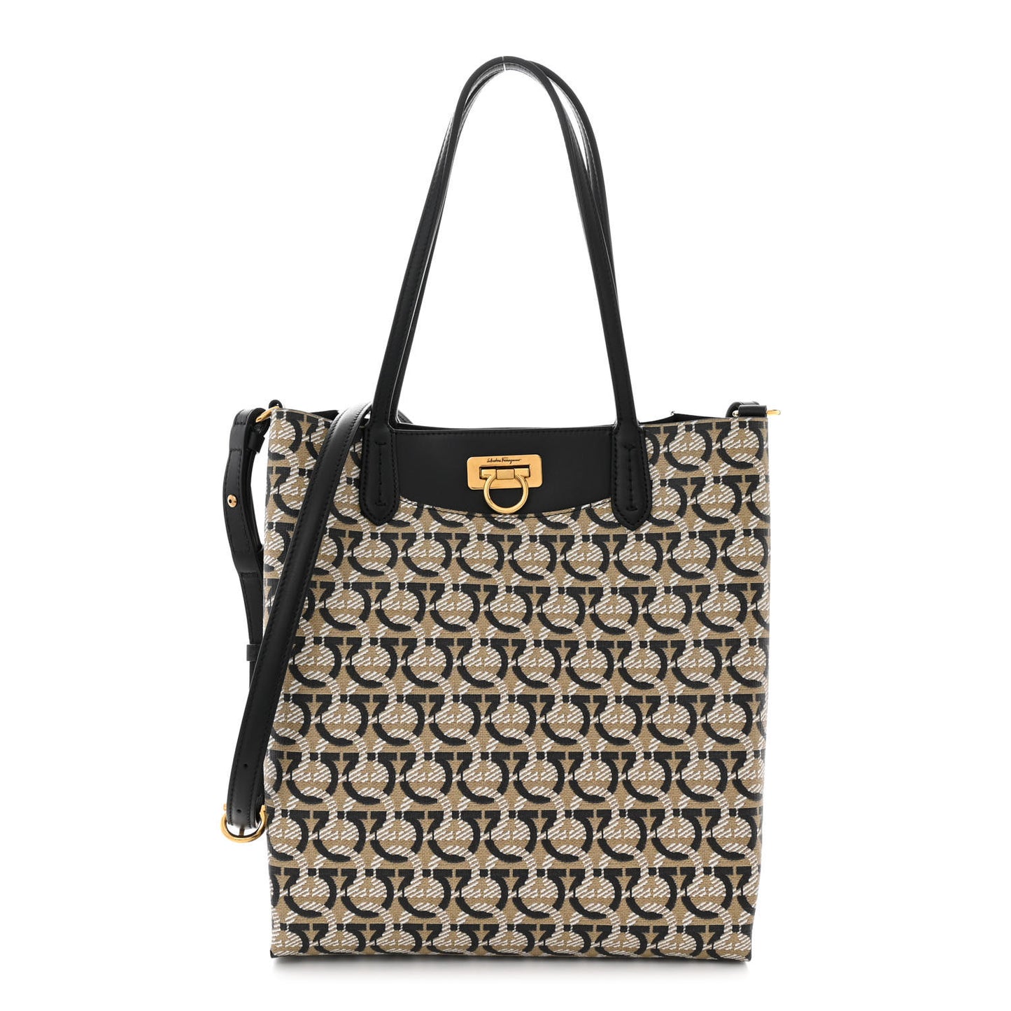 Canvas Calfskin Gancini Tote Sand Black