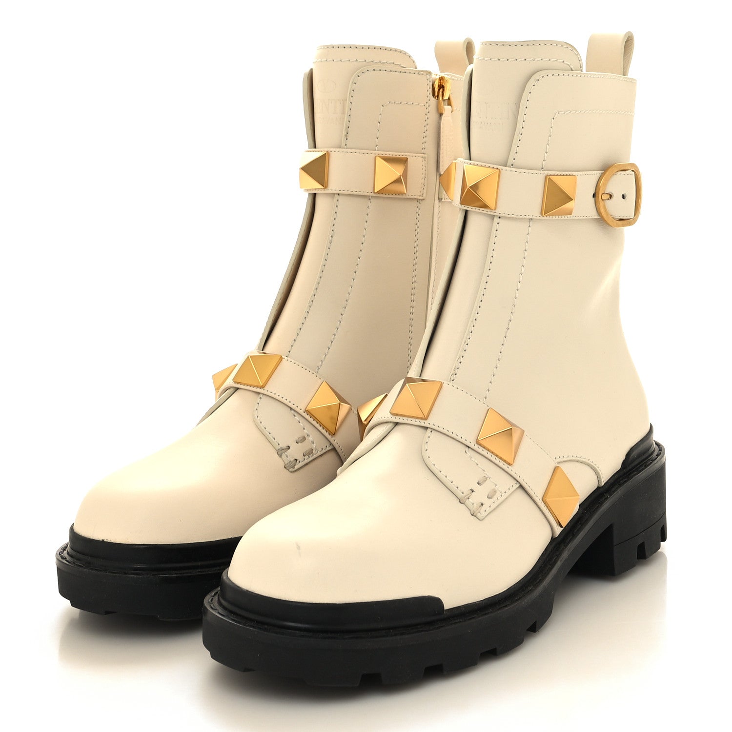 Valentino Garavani Calfskin Roman Stud Combat Boots 38 Light Ivory 3 of 8