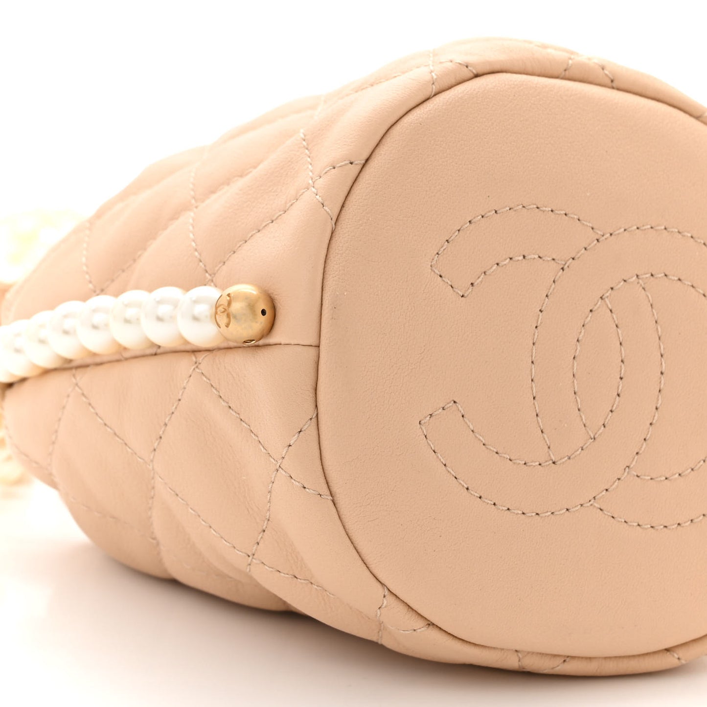 Calfskin Quilted Pearl Mini About Pearls Drawstring Bucket Bag Beige