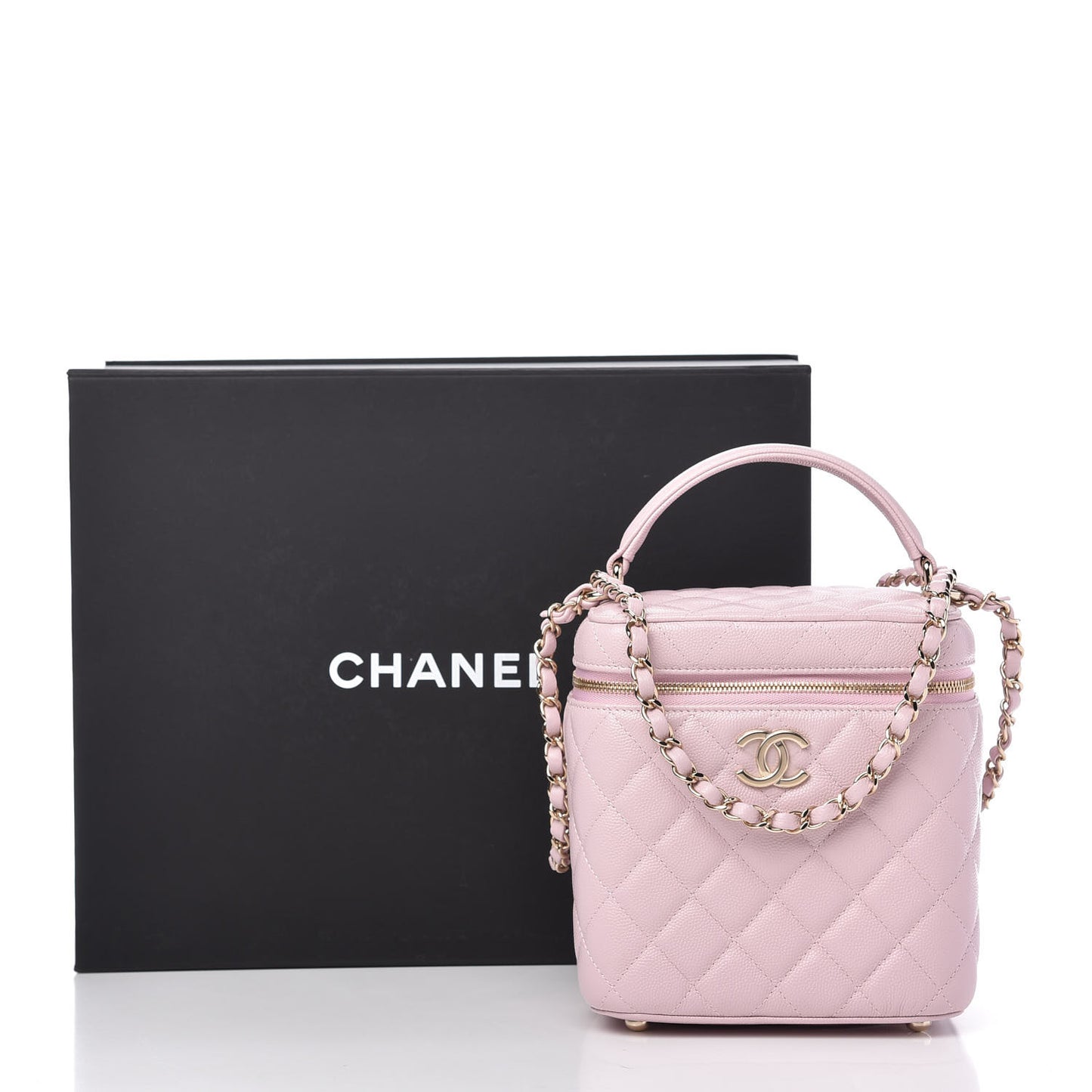 Caviar Quilted Small Top Handle Vanity Case With Chain Light Pink