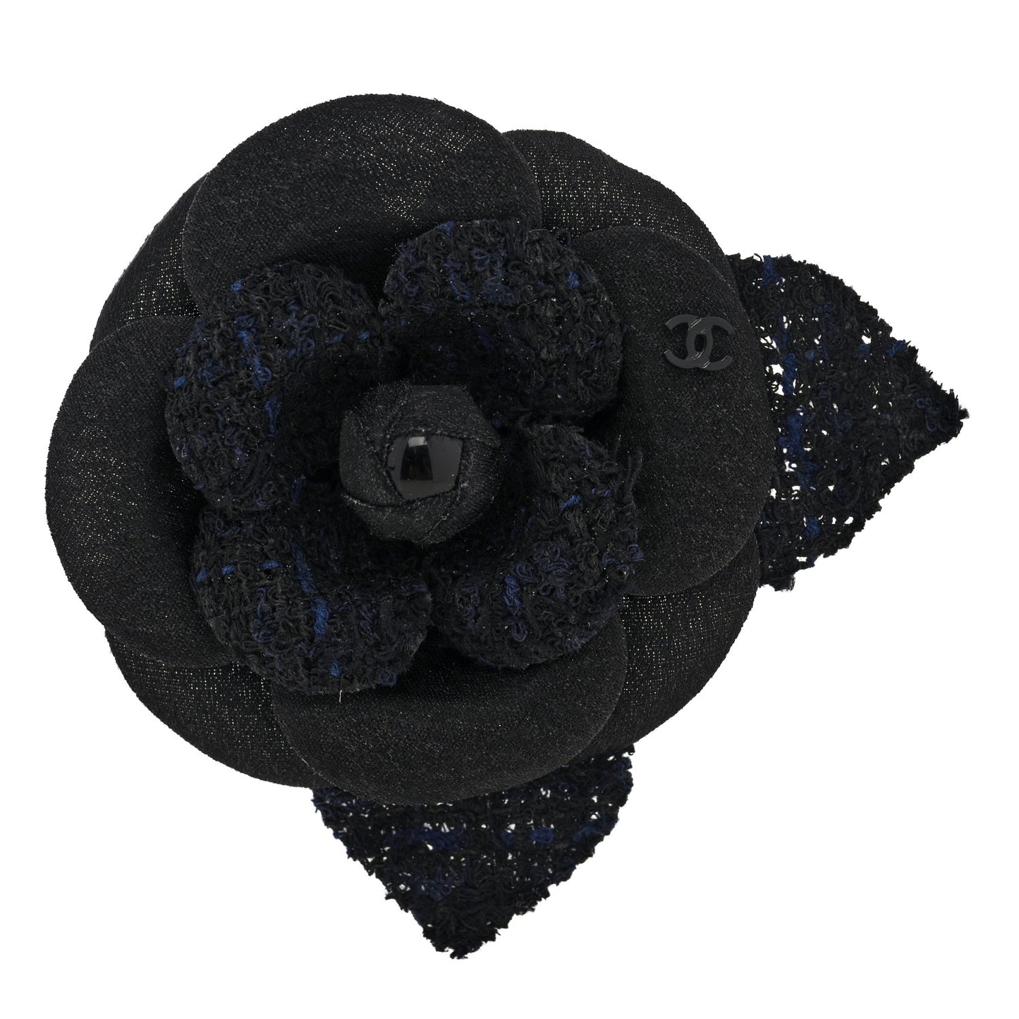 Tweed Fabric Camellia Pin Brooch Black