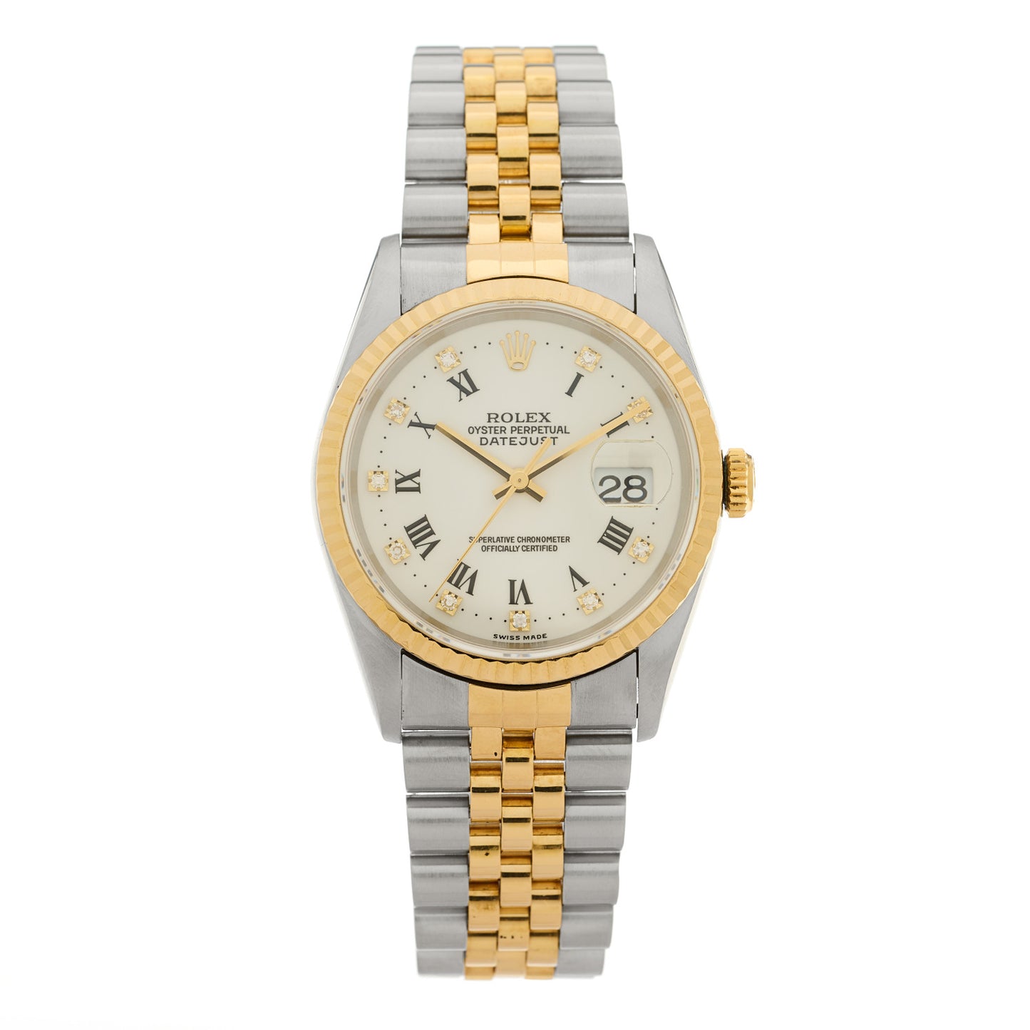 Stainless Steel 18K Yellow Gold Diamond 36mm Oyster Perpetual Datejust Watch White Roman 16233