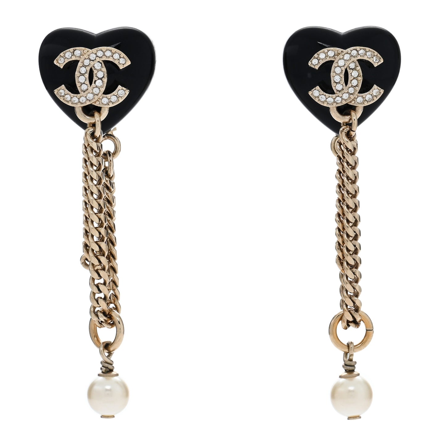 Resin Crystal Pearl CC Heart Chain Drop Earrings Black Gold