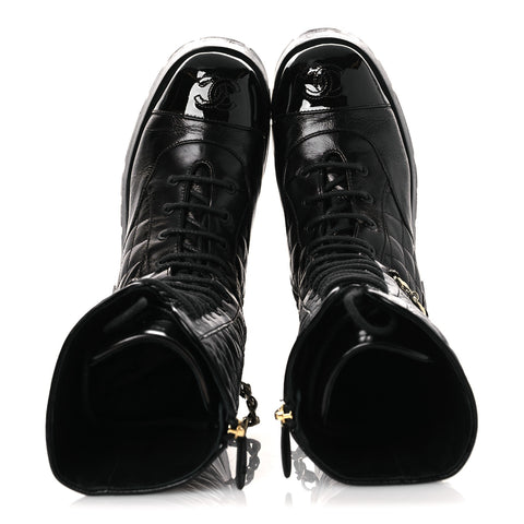 Shiny Calfskin Patent Quilted Chain Lace Up Combat Long Boots 37 Black