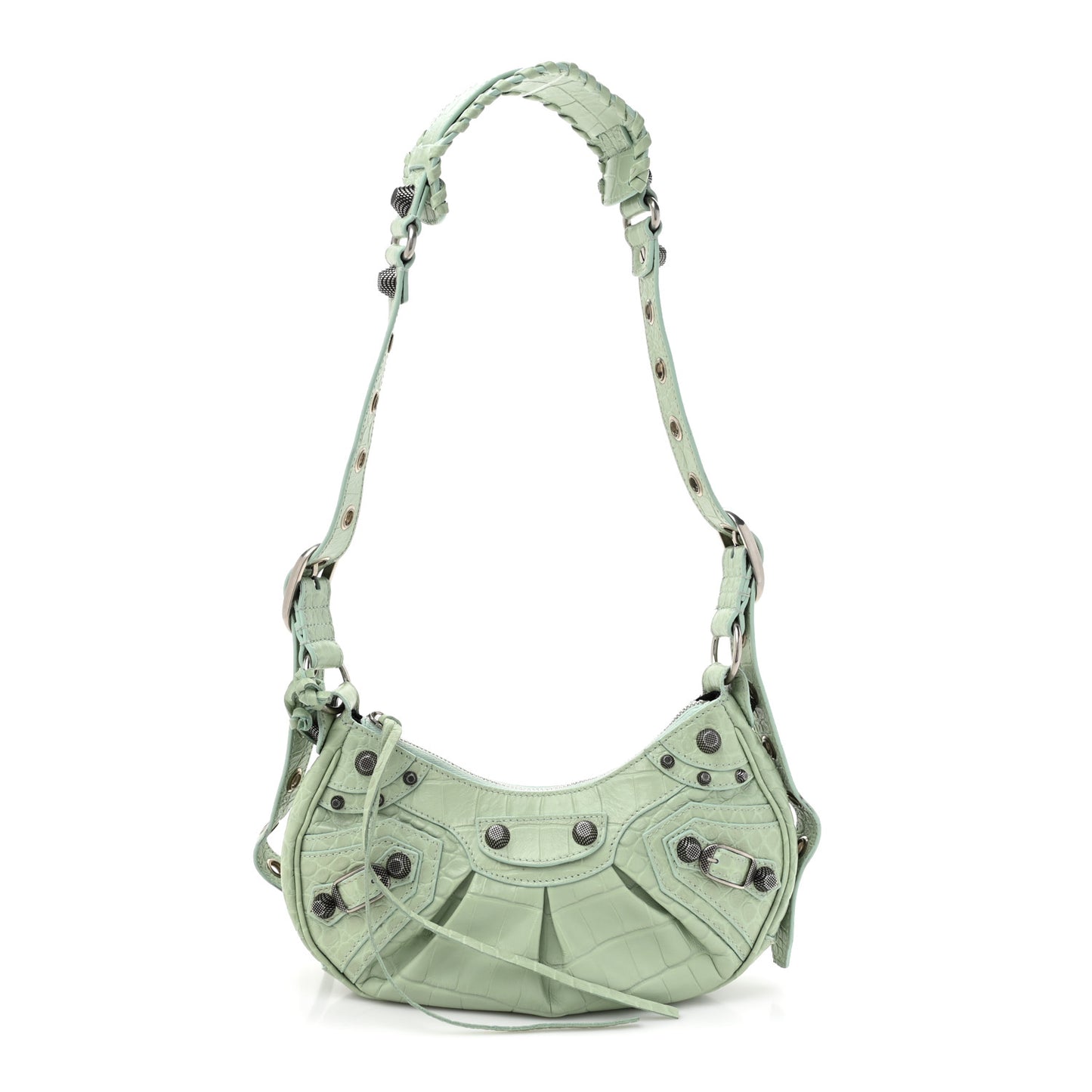Extra Supple Calfskin Crocodile Embossed Le Cagole Shoulder Bag XS Light Green