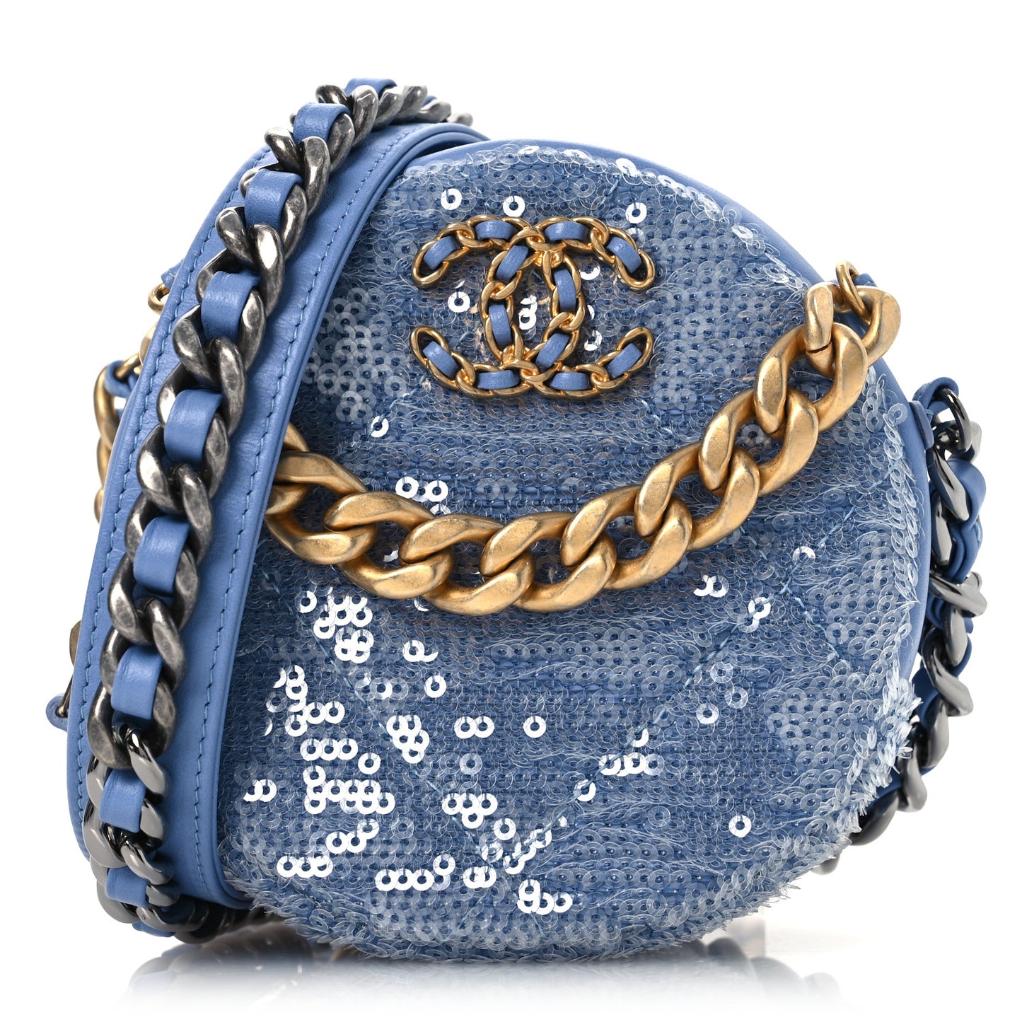 Sequin Chanel 19 Round Clutch With Chain Light Blue
