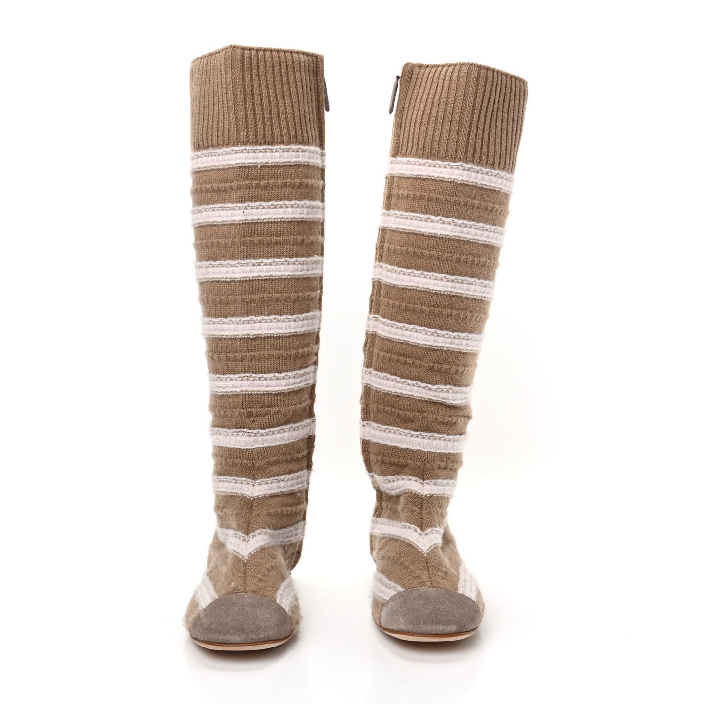 Knit Suede Stripe High Boots 36 Dark Beige White