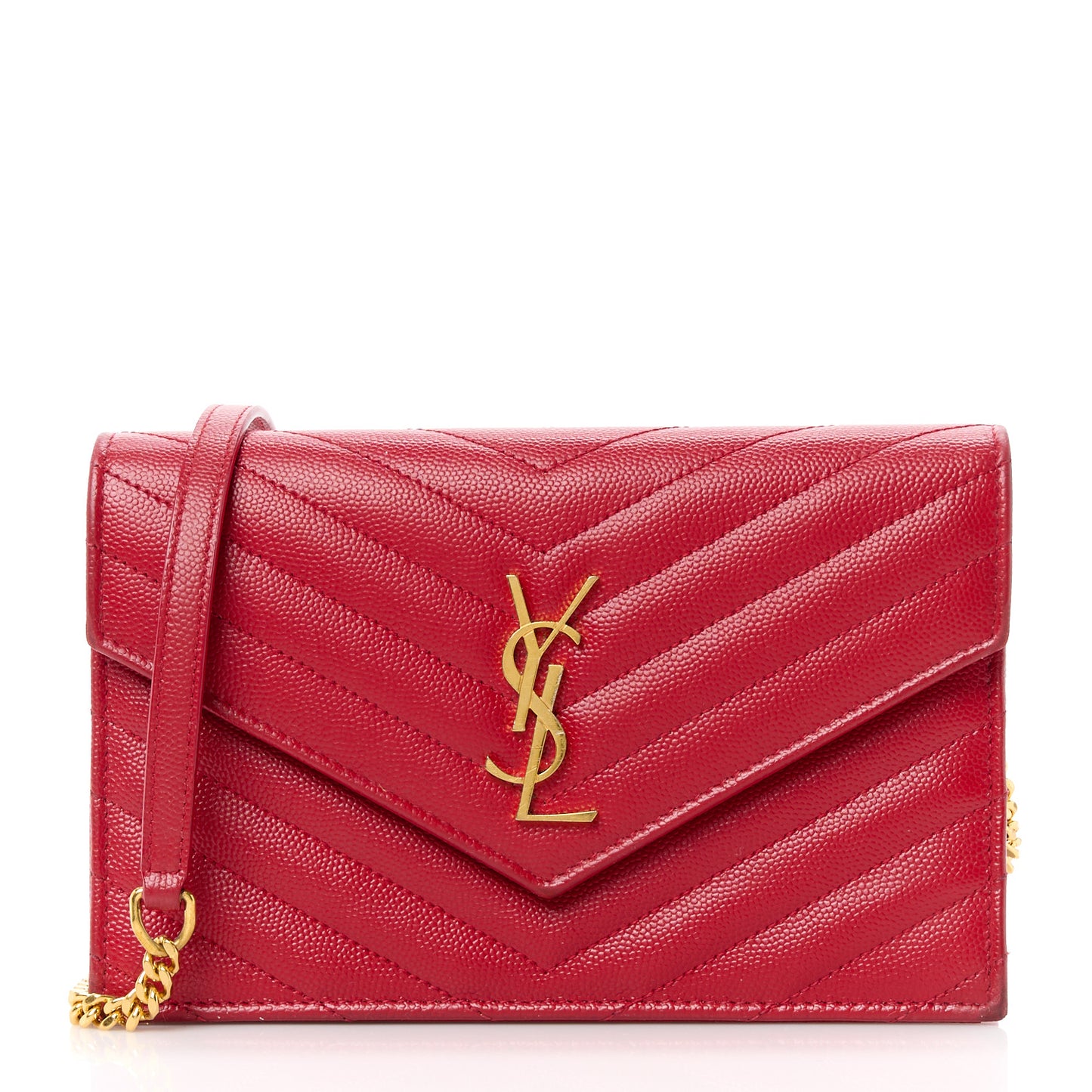 Grain De Poudre Matelasse Chevron Monogram Envelope Chain Wallet Red
