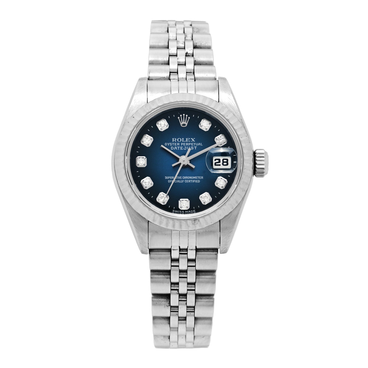 Stainless Steel 18K White Gold Diamond 26mm Oyster Perpetual Datejust Watch Blue Gradient 69174