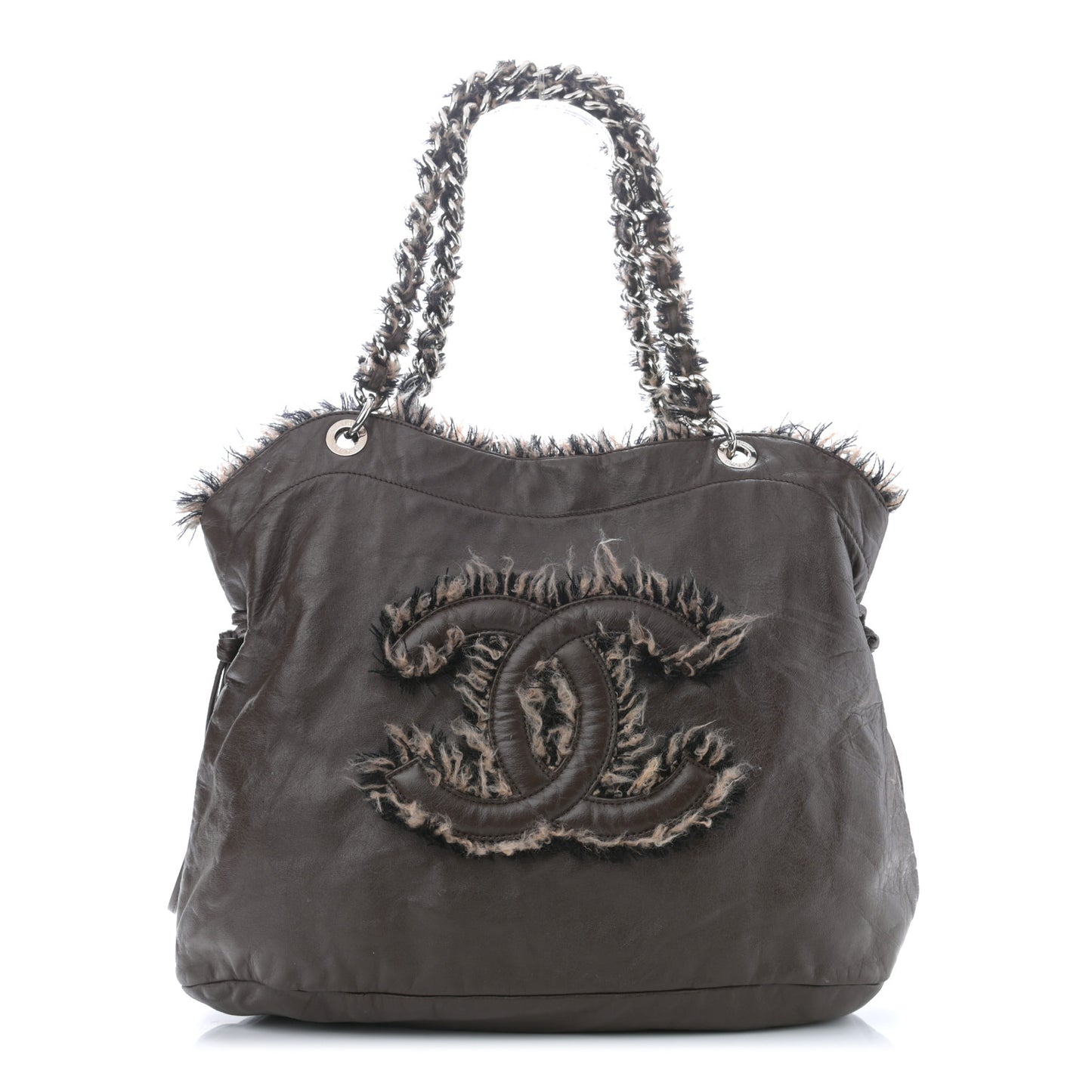Tweed Lambskin Drawstring Tweedy Tote Brown