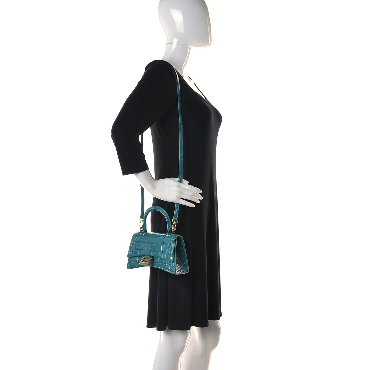 Shiny Calfskin Crocodile Embossed Hourglass Top Handle Bag XS Dark Turquoise