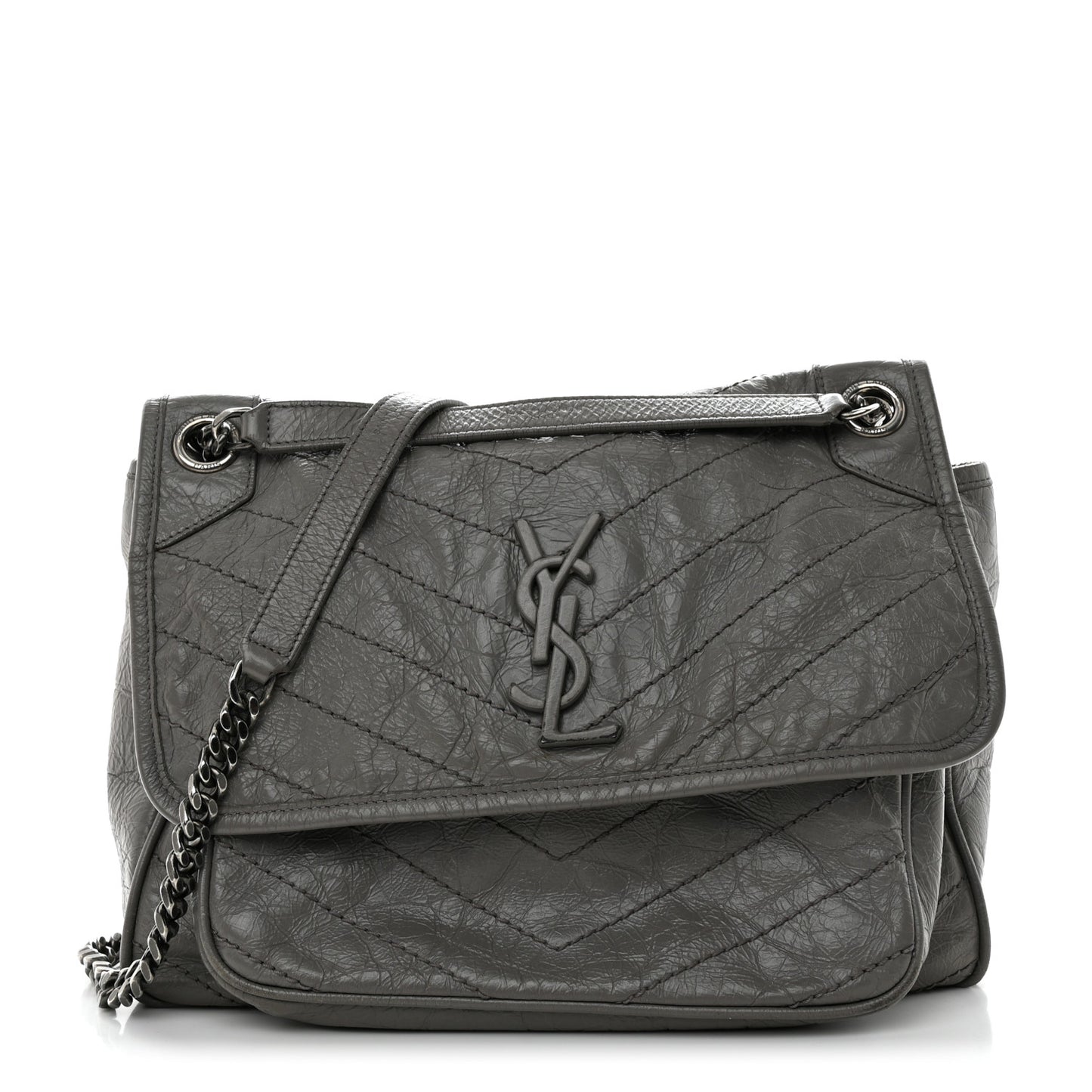 Crinkled Calfskin Matelasse Monogram Medium Niki Chain Satchel Fog