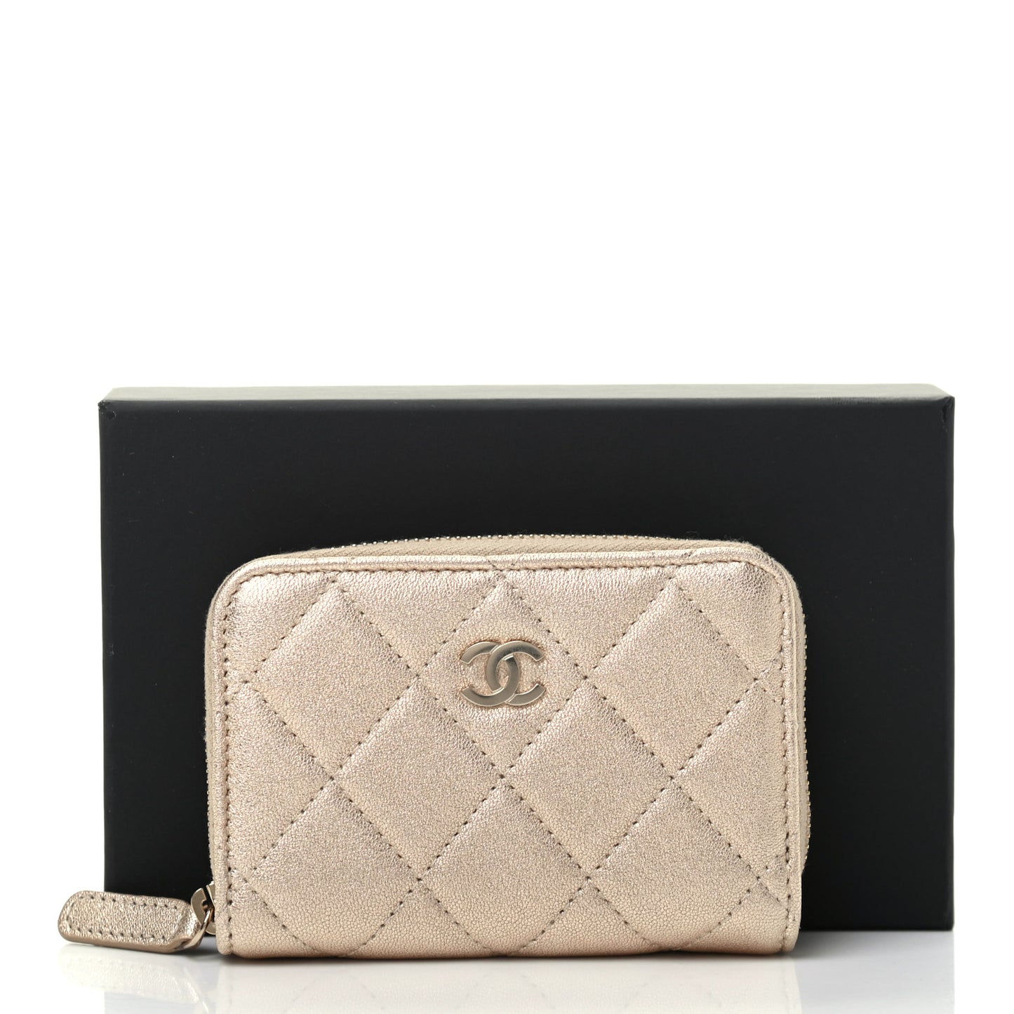 Metallic Lambskin Quilted Zip Coin Purse Wallet Gold