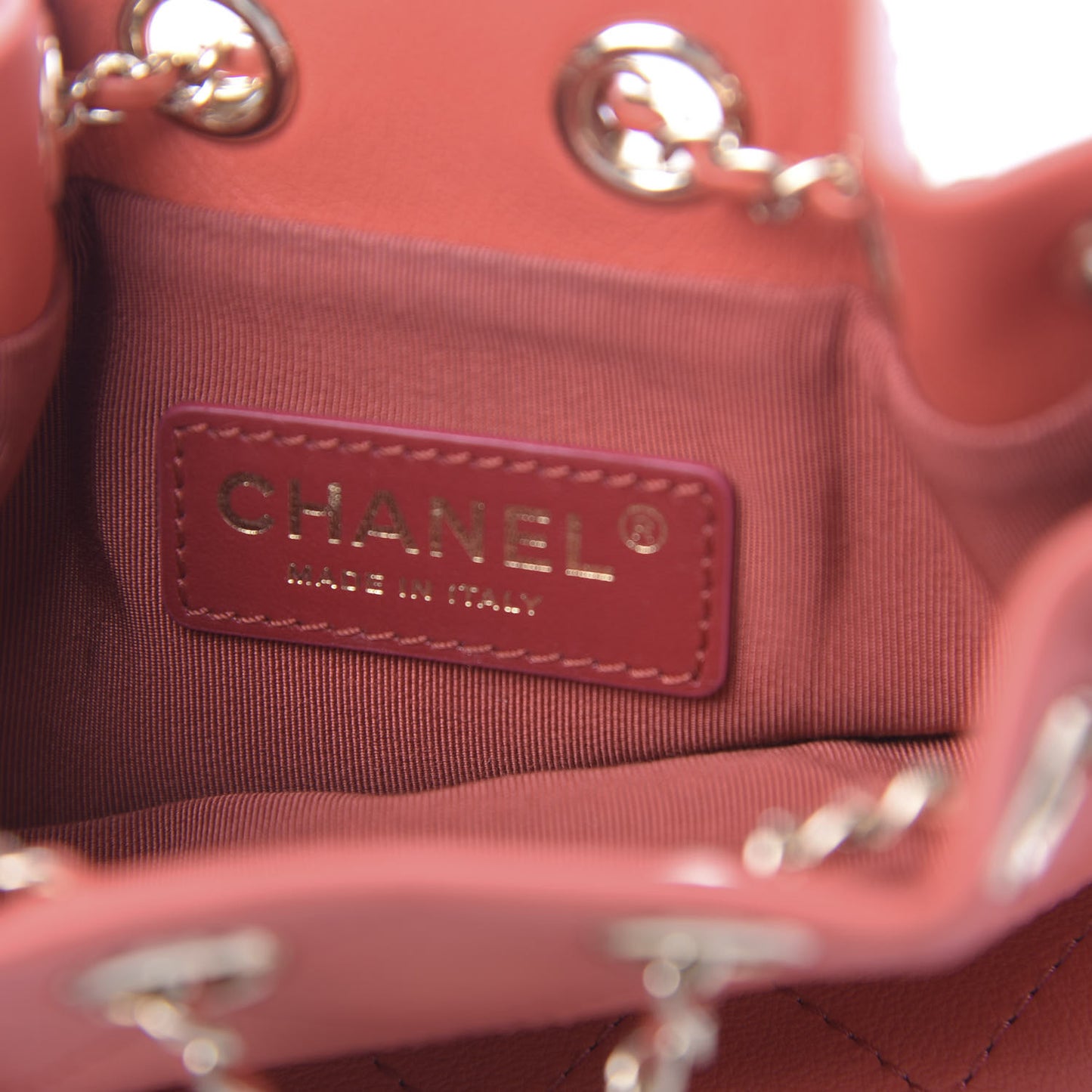 Calfskin Stitched Chain Bucket Bag Coral