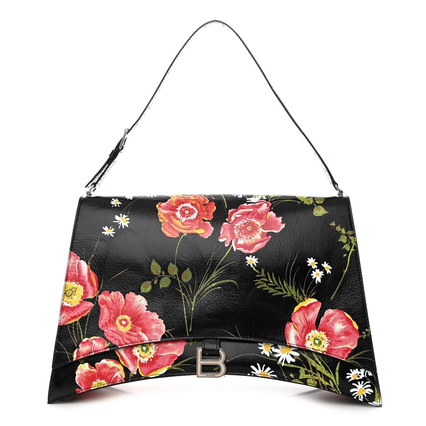 Shiny Paper Calfskin Floral Print Large Crush Sling Bag Black Red