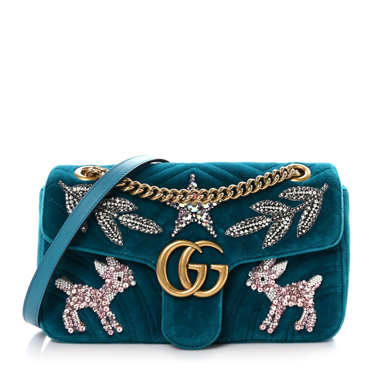 Velvet Matelasse Embroidered Small GG Marmont Shoulder Bag Pavone Cyan