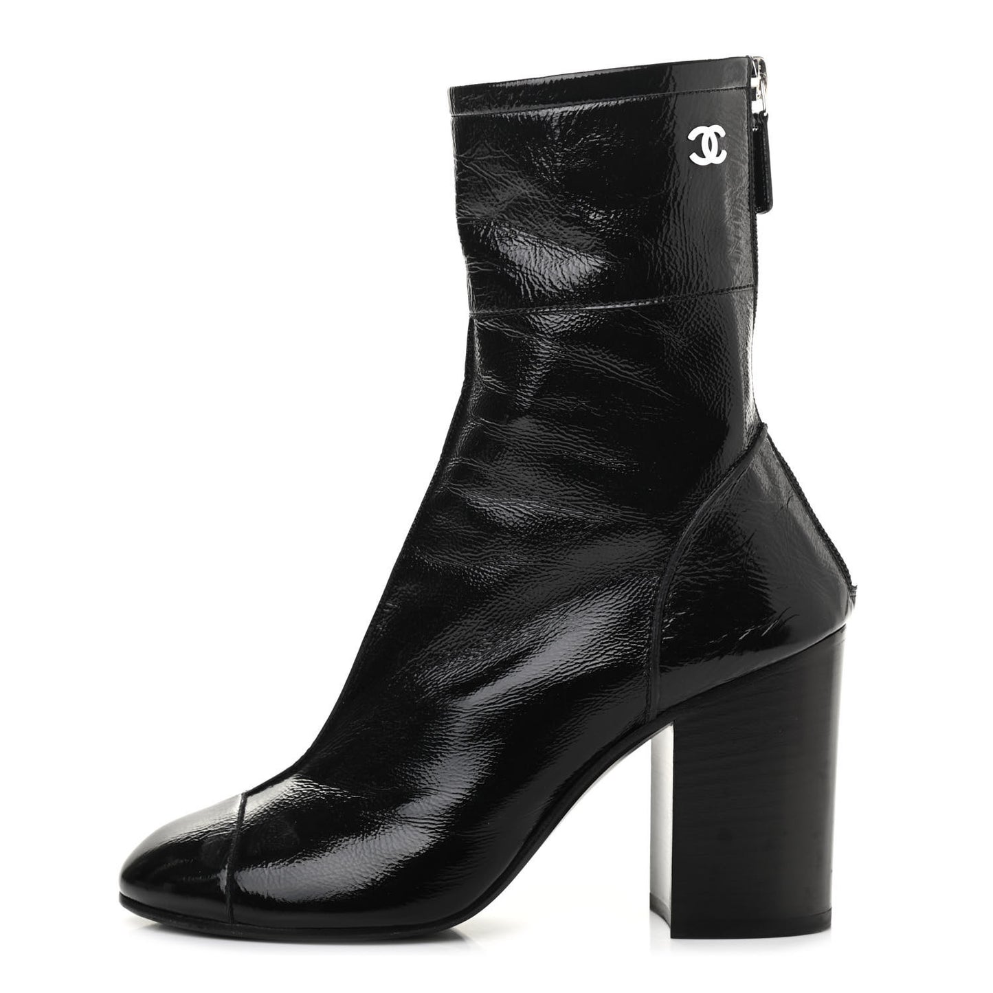 Shiny Crumpled Calfskin CC Cap Toe Short Boots 36 Black