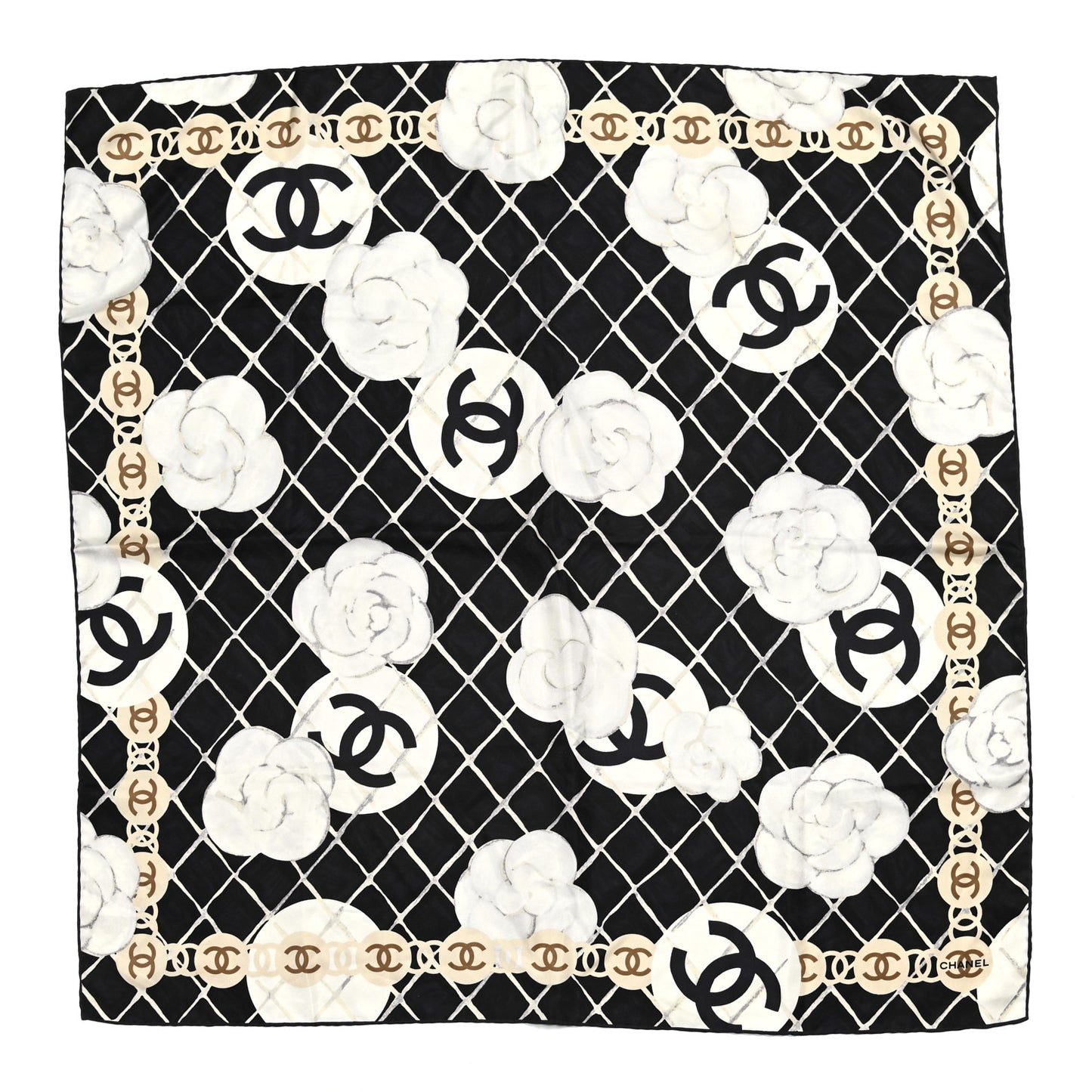 Silk Camellia CC Square Scarf Black