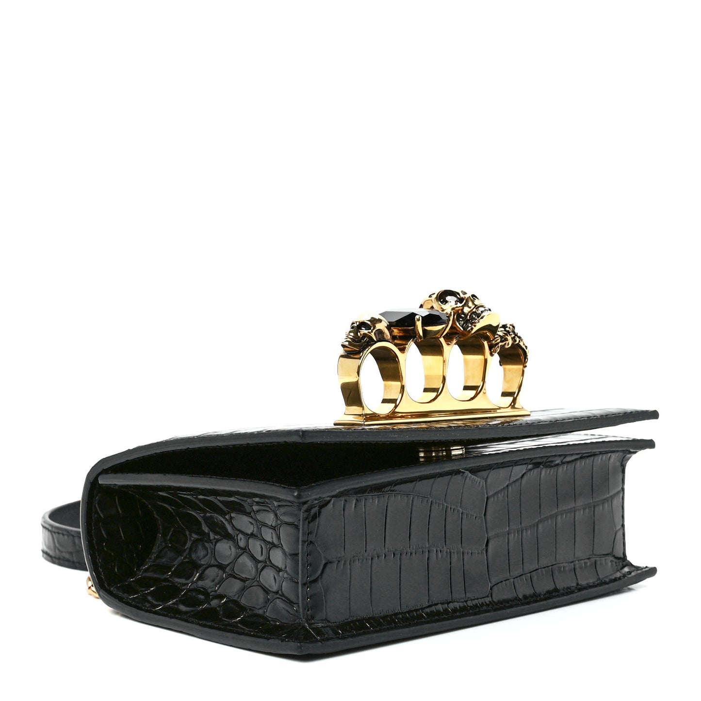 Calfskin Crocodile Embossed Mini Jeweled Satchel Black