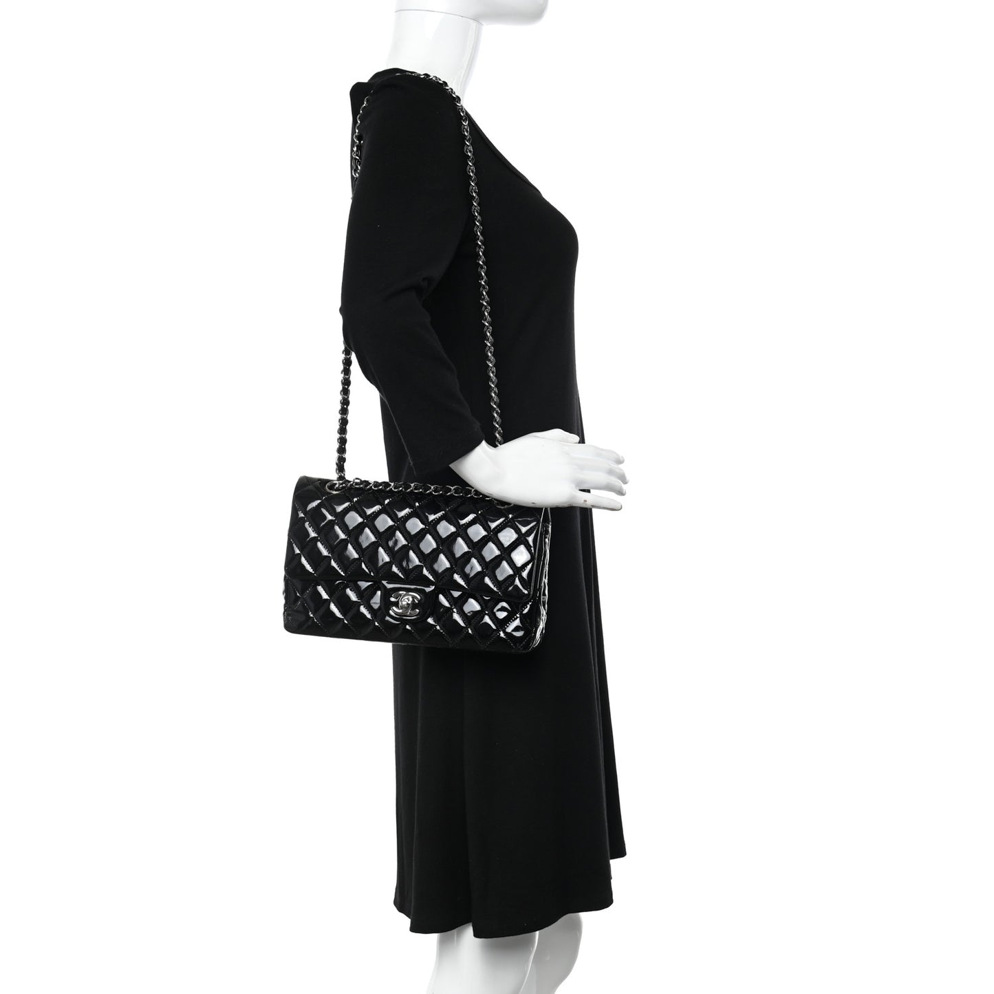 Patent Quilted Medium Double Flap Black