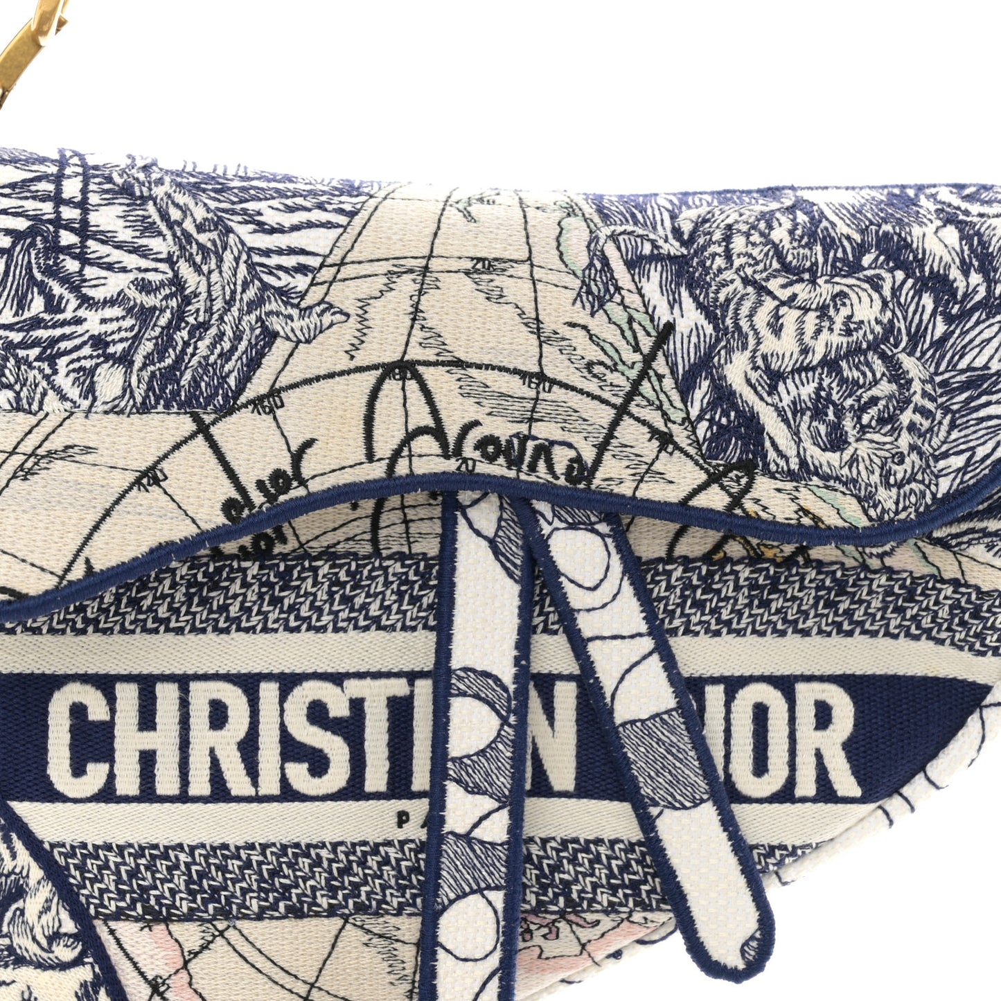 Canvas Embroidered Around the World Saddle Bag Blue