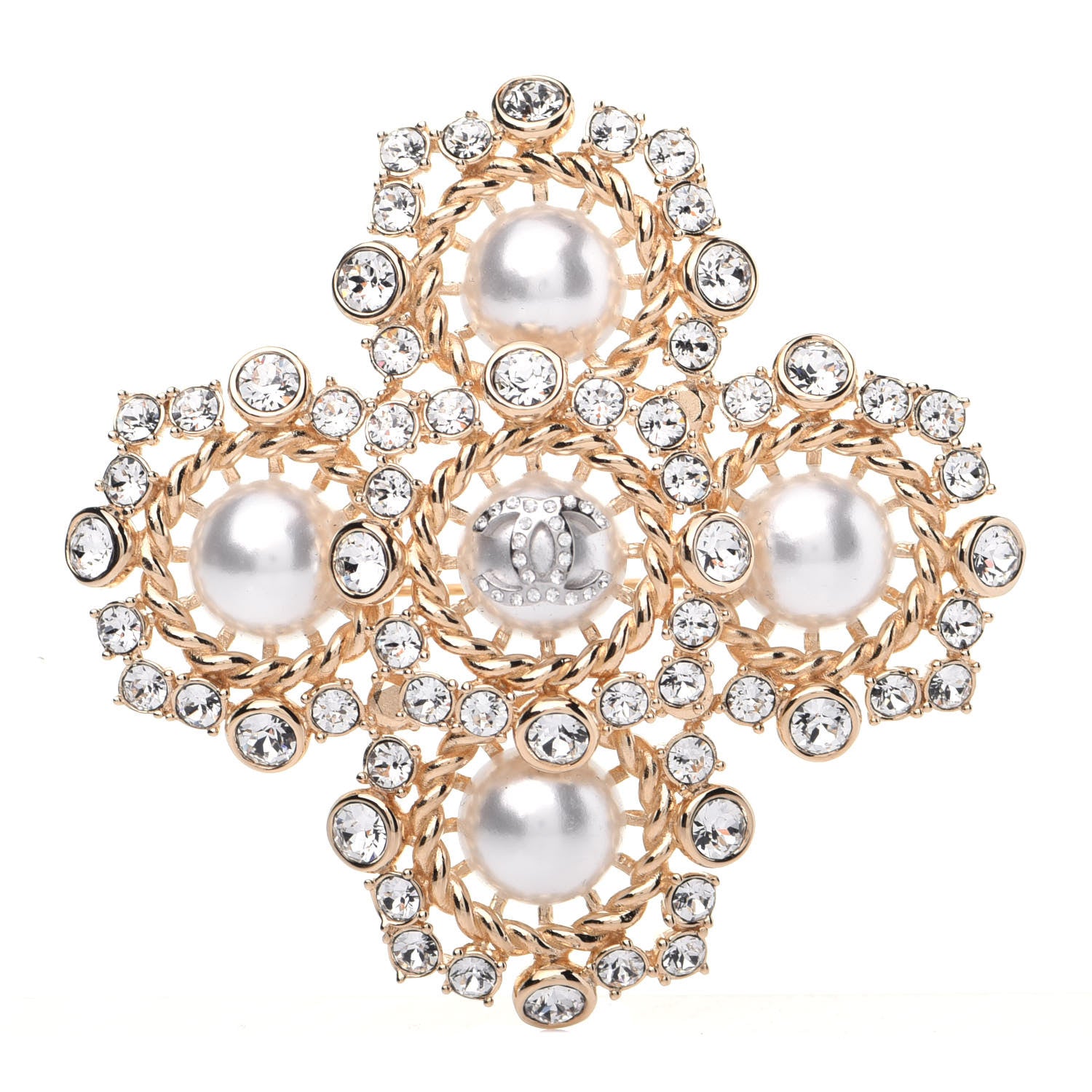 Chanel Pearl Crystal CC-Casino Brooch Gold 1 of 7
