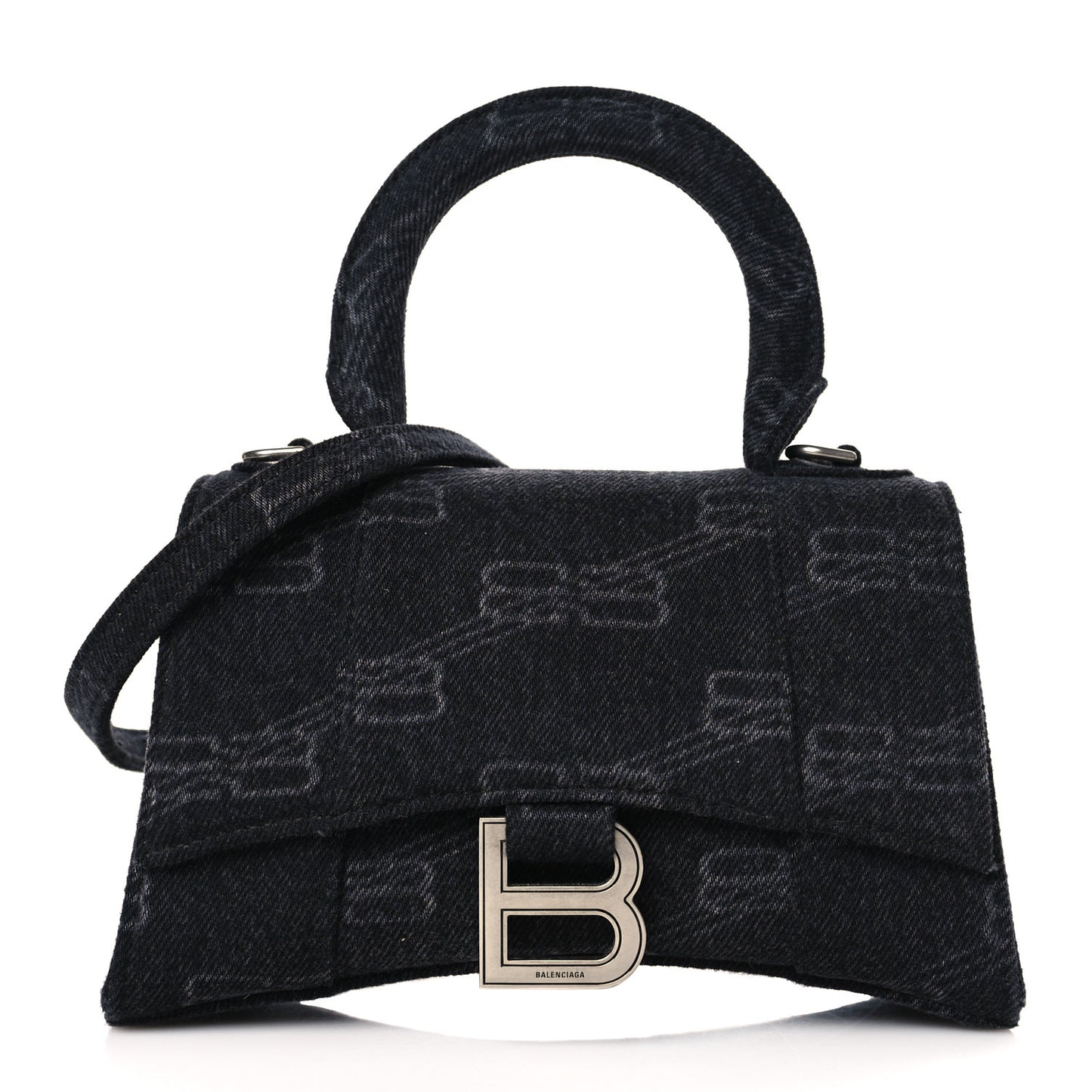 Washed Denim BB Monogram Hourglass Top Handle Bag XS Black