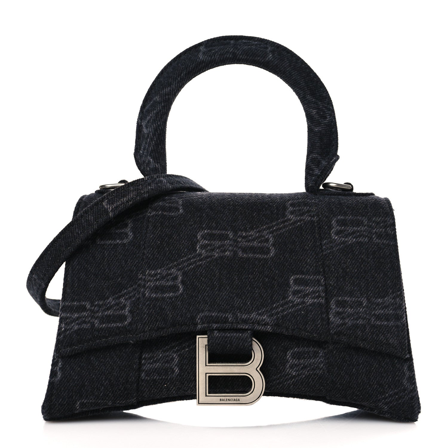 Balenciaga Washed Denim BB Monogram Hourglass Top Handle Bag XS Black 1 of 9