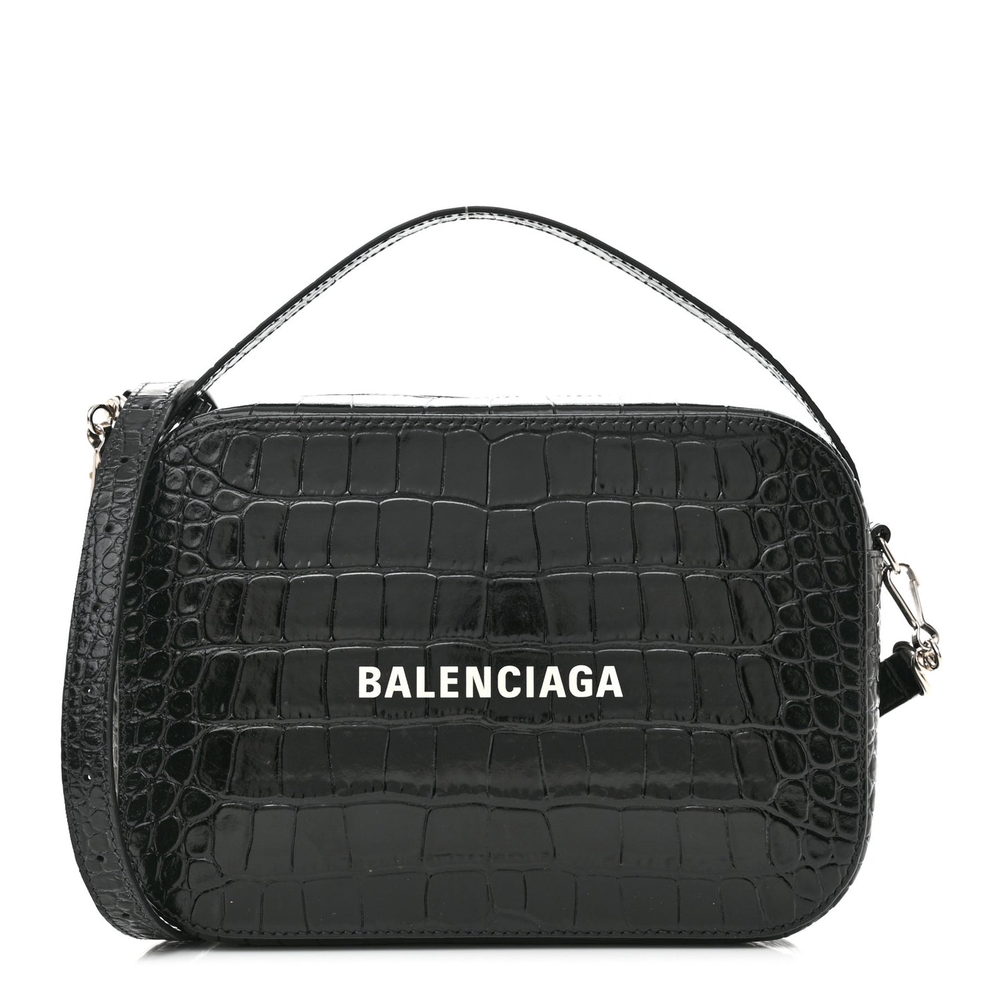 Shiny Calfskin Logo Crocodile Embossed S Everyday Camera Bag with Handle Black