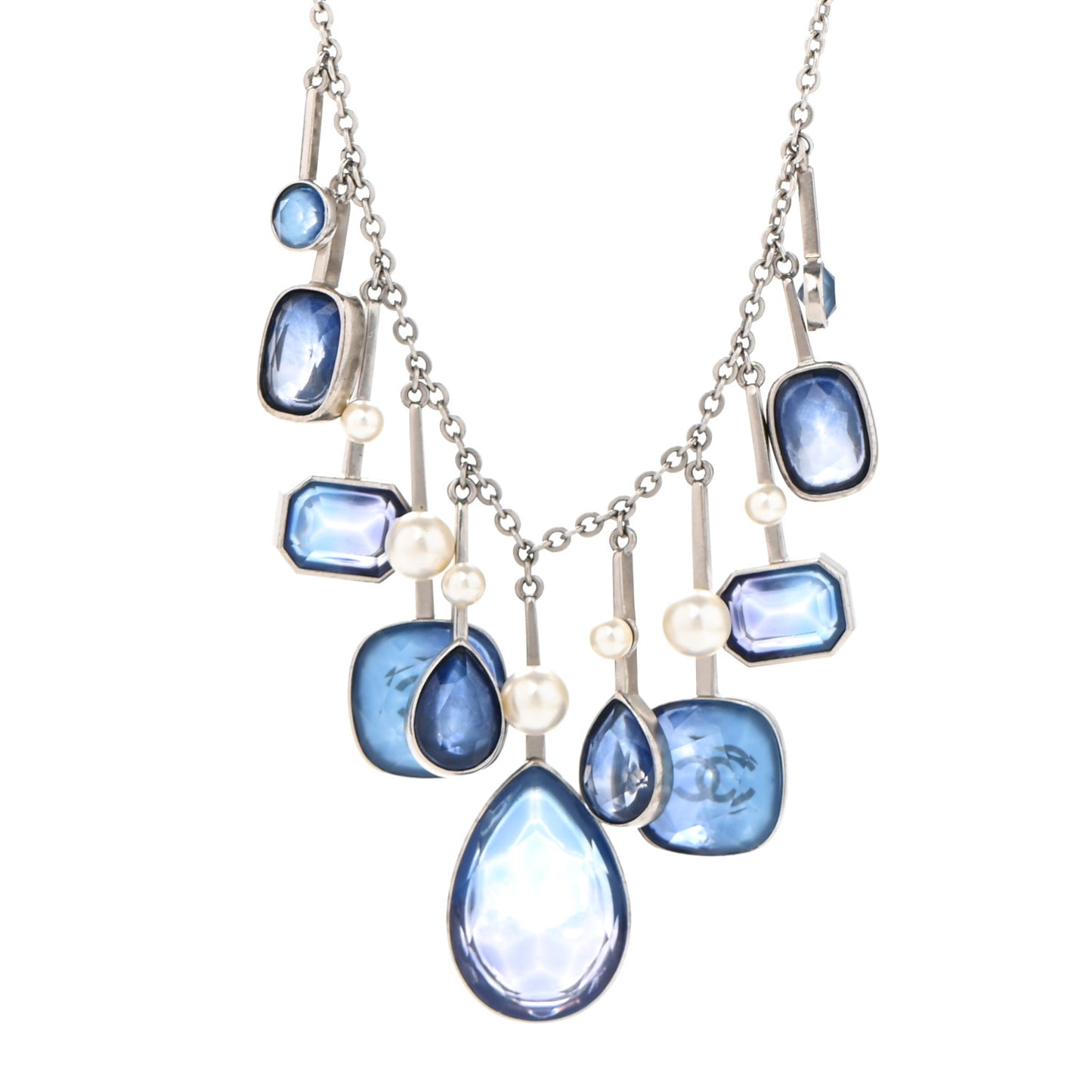 Crystal Pearl CC Necklace Silver Blue