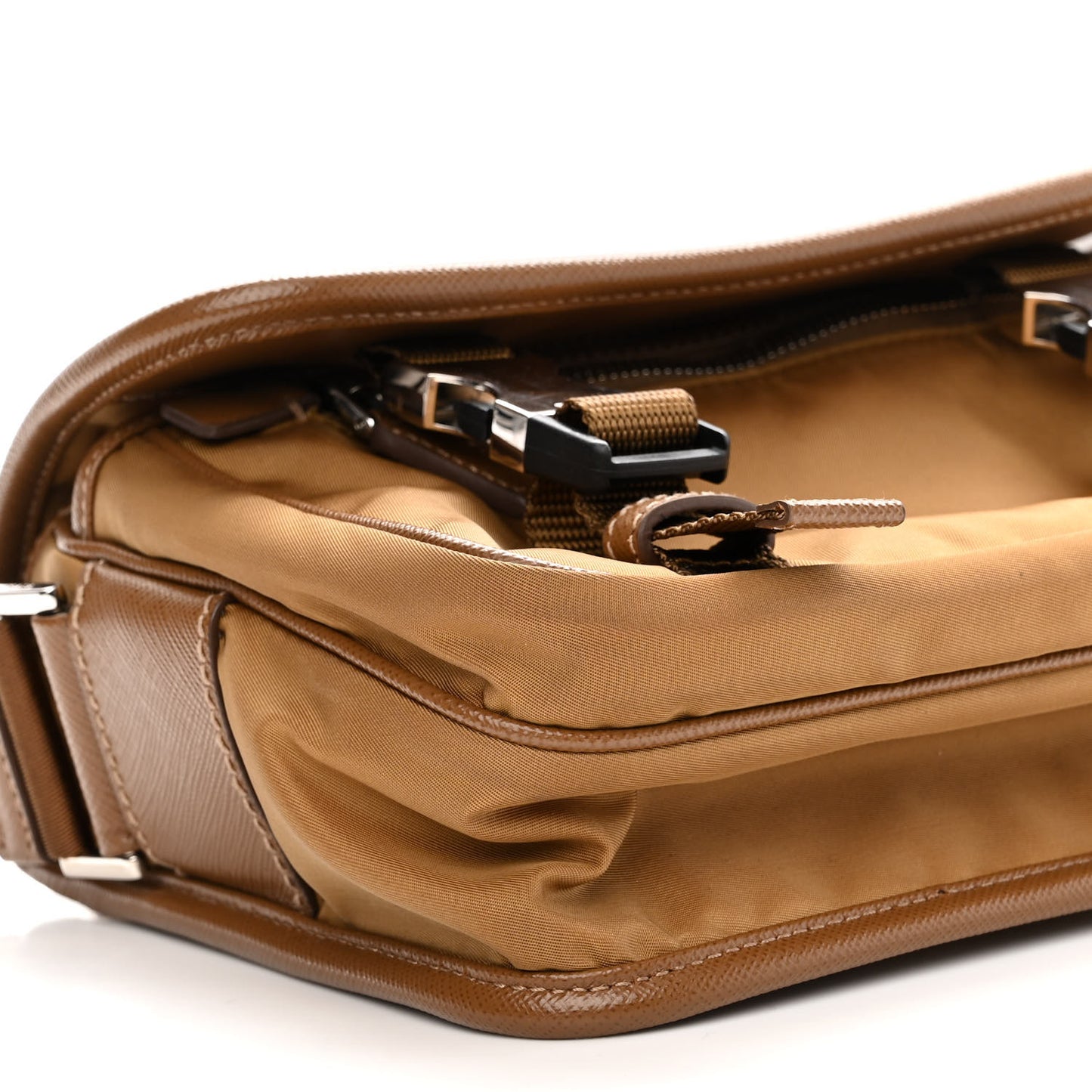 Re-Nylon Saffiano Pocket Double Snap Buckle Shoulder Bag Tabacco