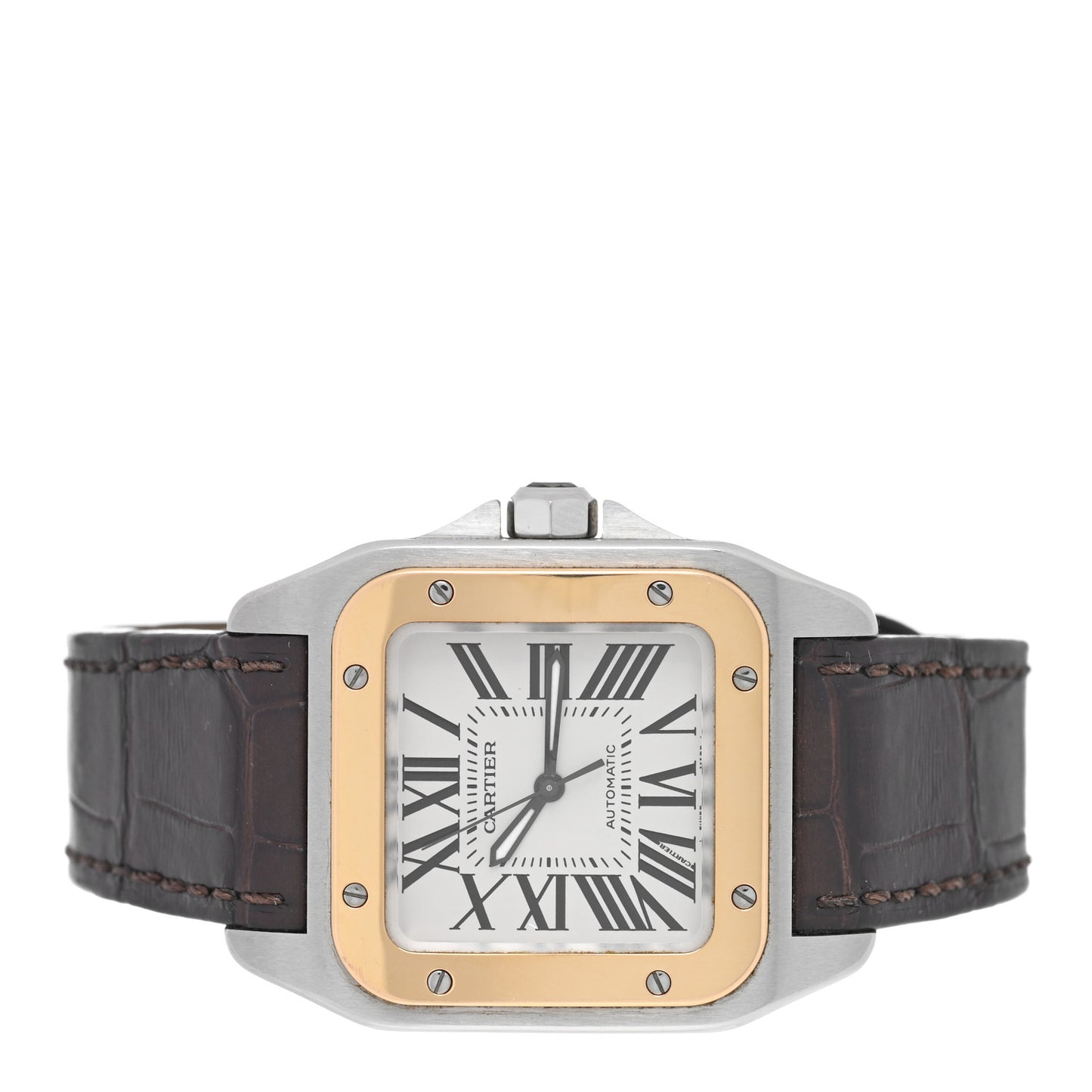Stainless Steel 18K Yellow Gold 33mm Santos 100 Automatic Watch Brown